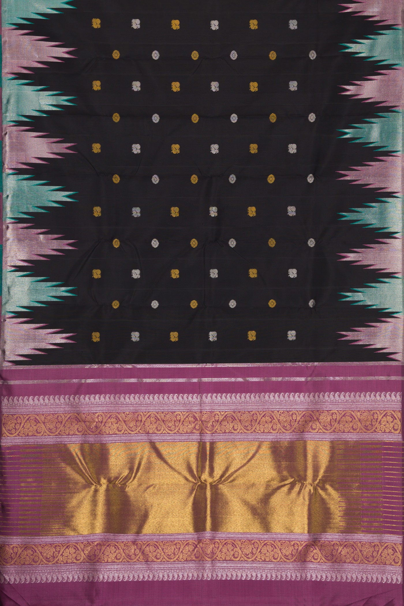 Flat view of Black Dual Tone Kanchipuram Silk Saree with Zari Butta on the body and Temple Border. 