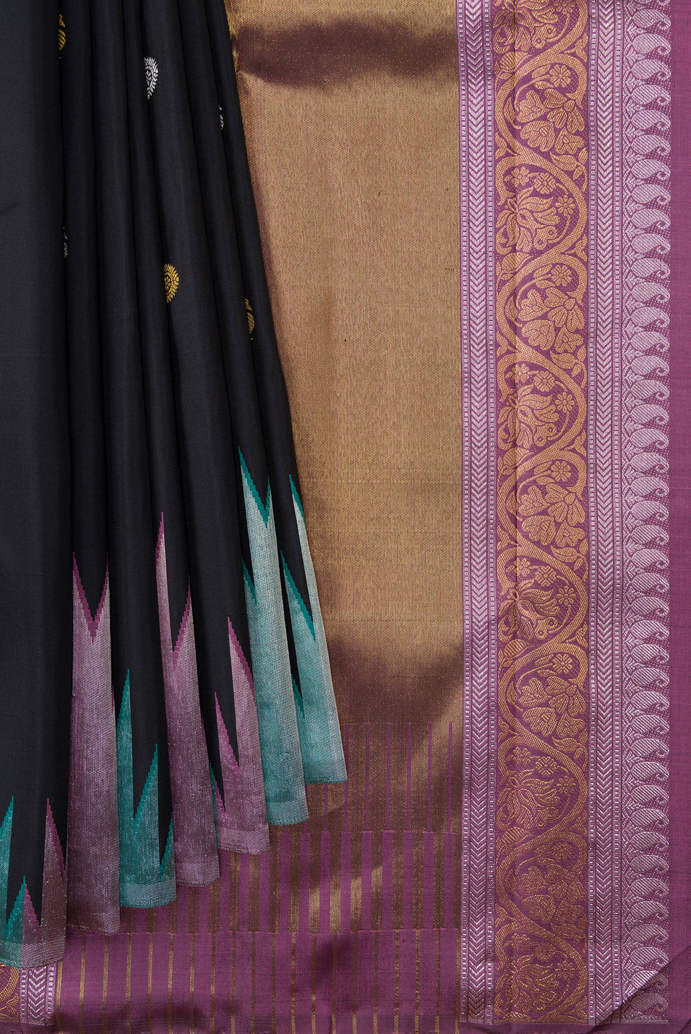 Pleats and pallu of Black Dual Tone Kanchipuram Silk Saree with Zari Butta on the body and Temple Border. 