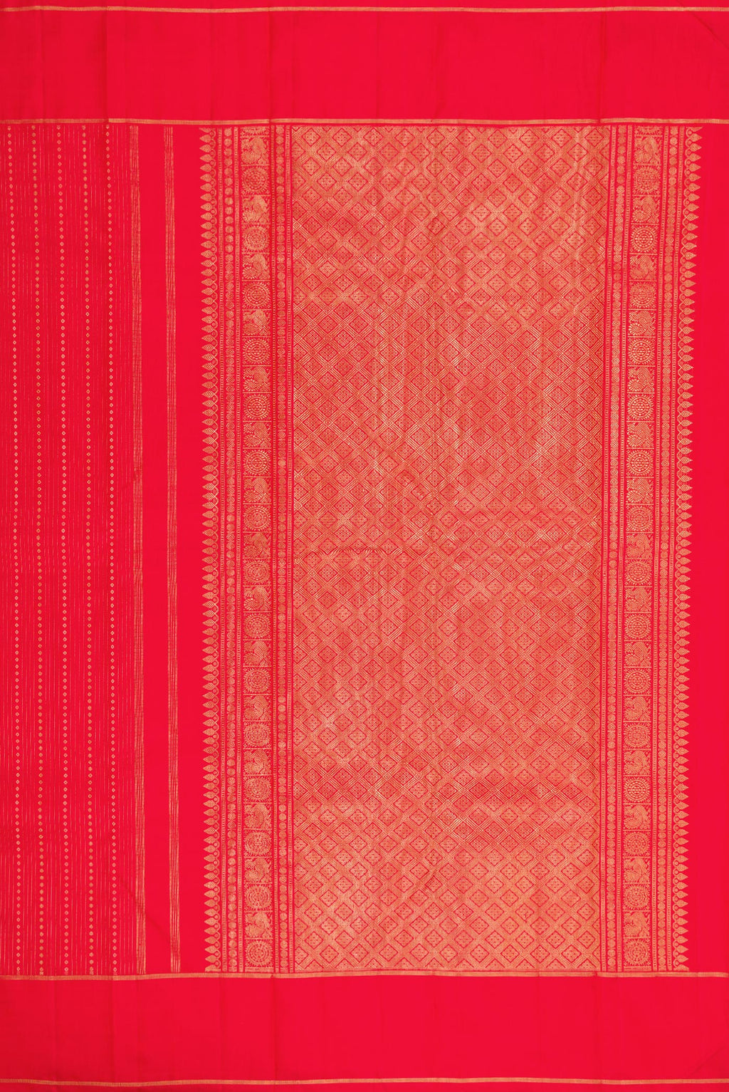 Close up image of the pallu of Pure Silk Pure Zari Red Dual Tone Kanchipuram Saree with Stripes on the body and Zari Border. 