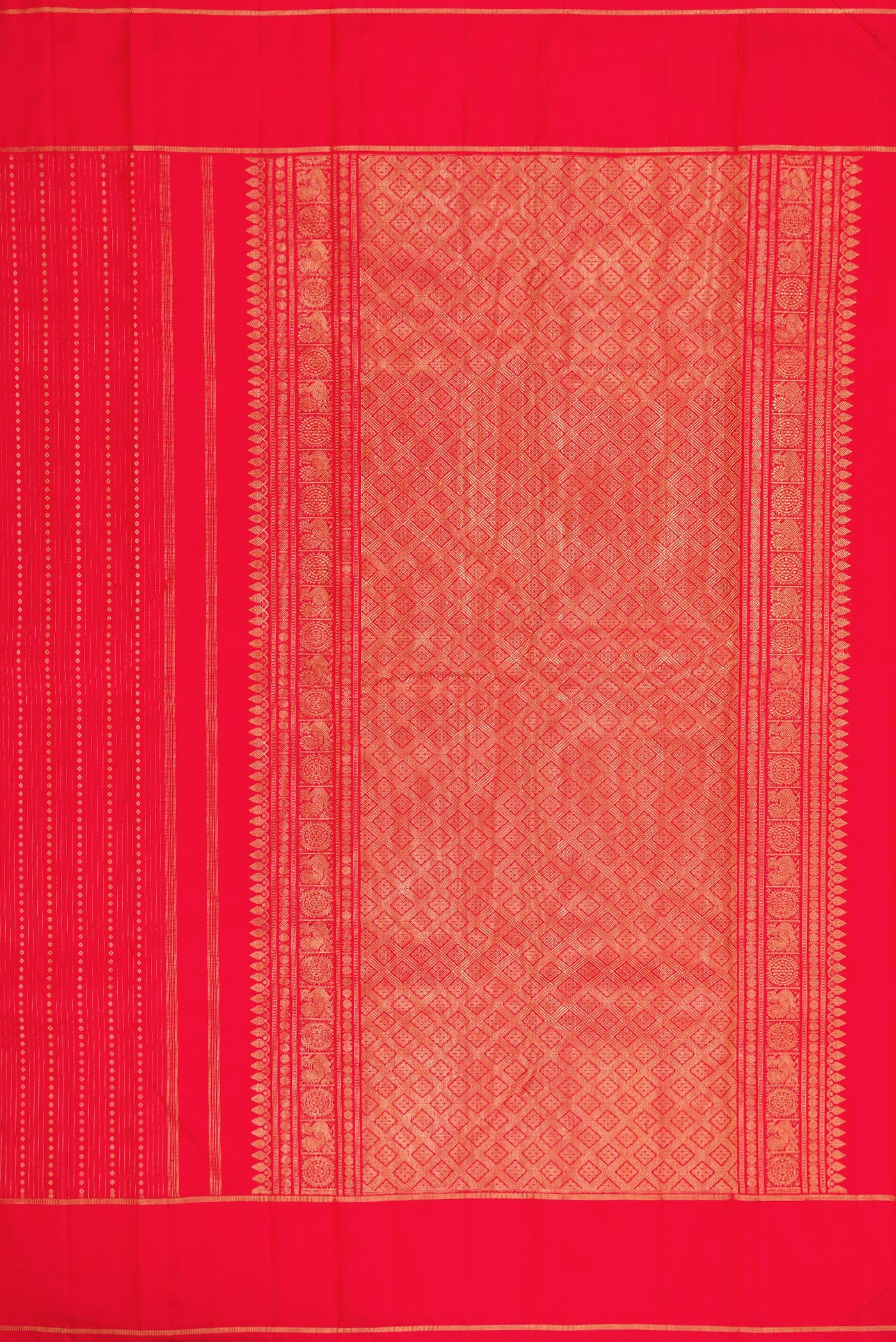 Close up image of the pallu of Pure Silk Pure Zari Red Dual Tone Kanchipuram Saree with Stripes on the body and Zari Border. 