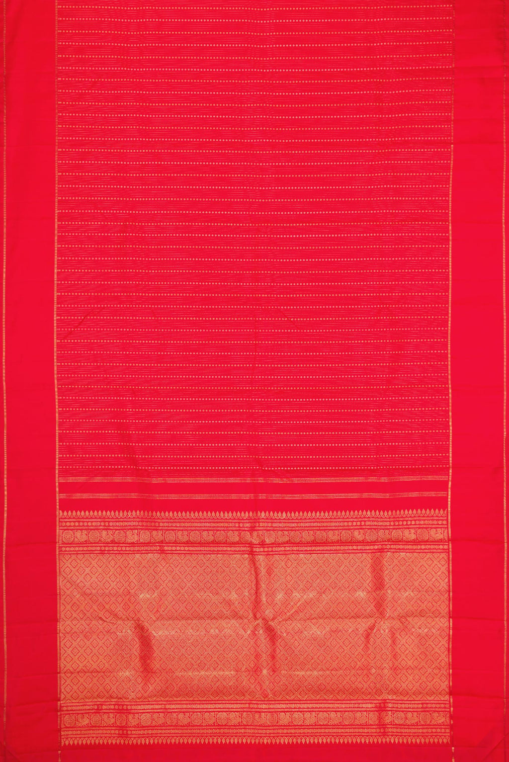 Flat view of Pure Silk Pure Zari Red Dual Tone Kanchipuram Saree with Stripes on the body and Zari Border. 