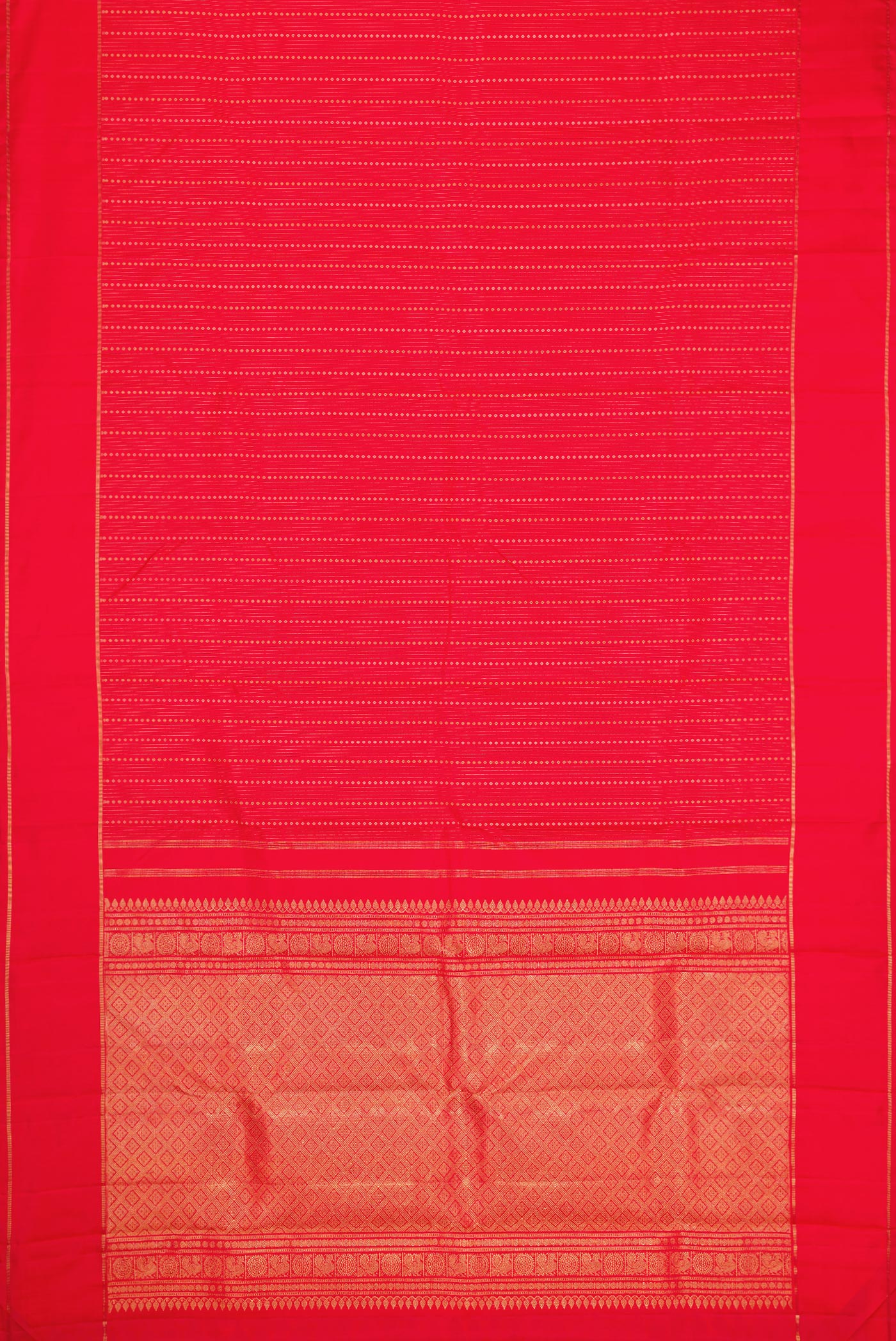 Flat view of Pure Silk Pure Zari Red Dual Tone Kanchipuram Saree with Stripes on the body and Zari Border. 