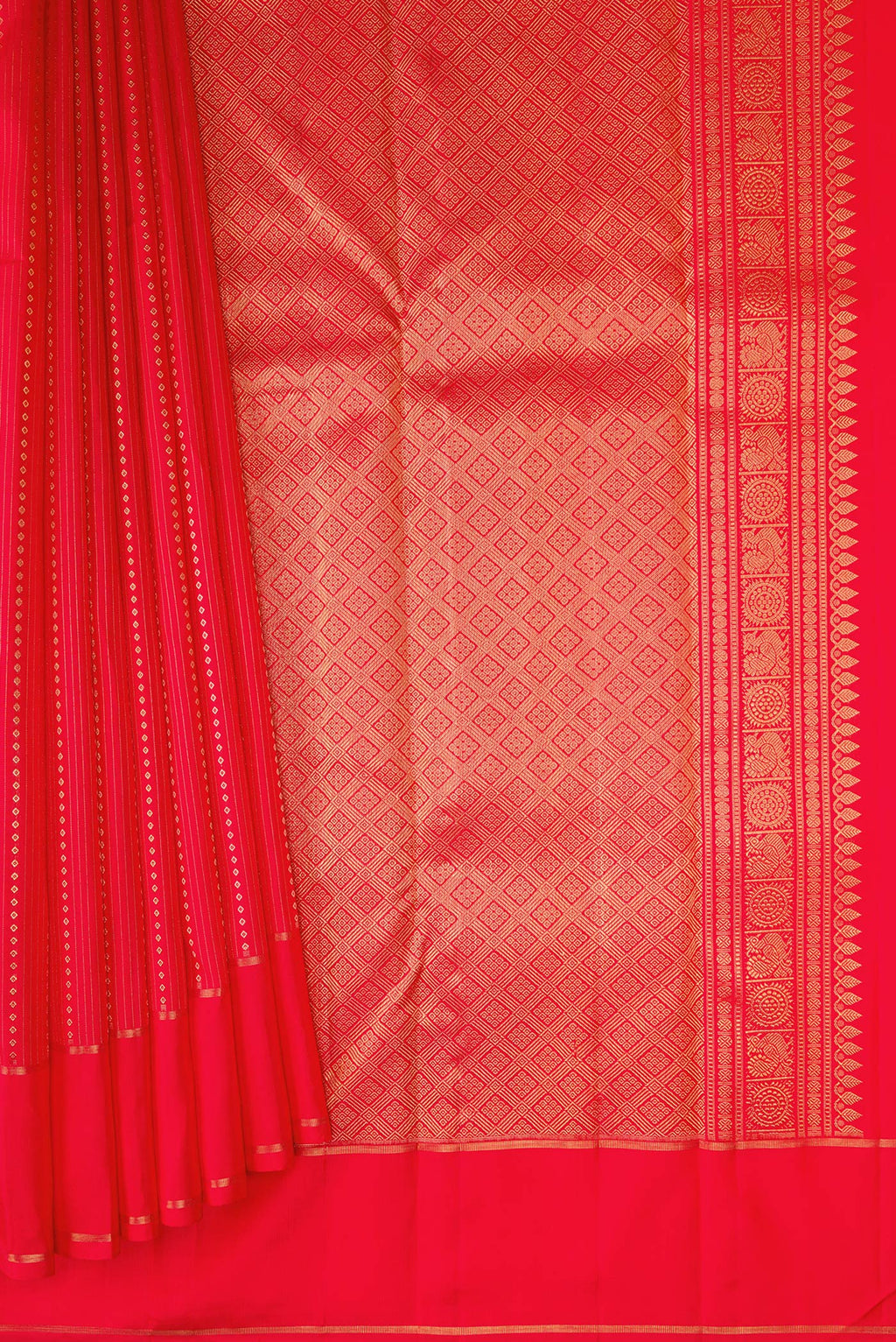 Pleats and pallu of Pure Silk Pure Zari Red Dual Tone Kanchipuram Saree with Stripes on the body and Zari Border. 