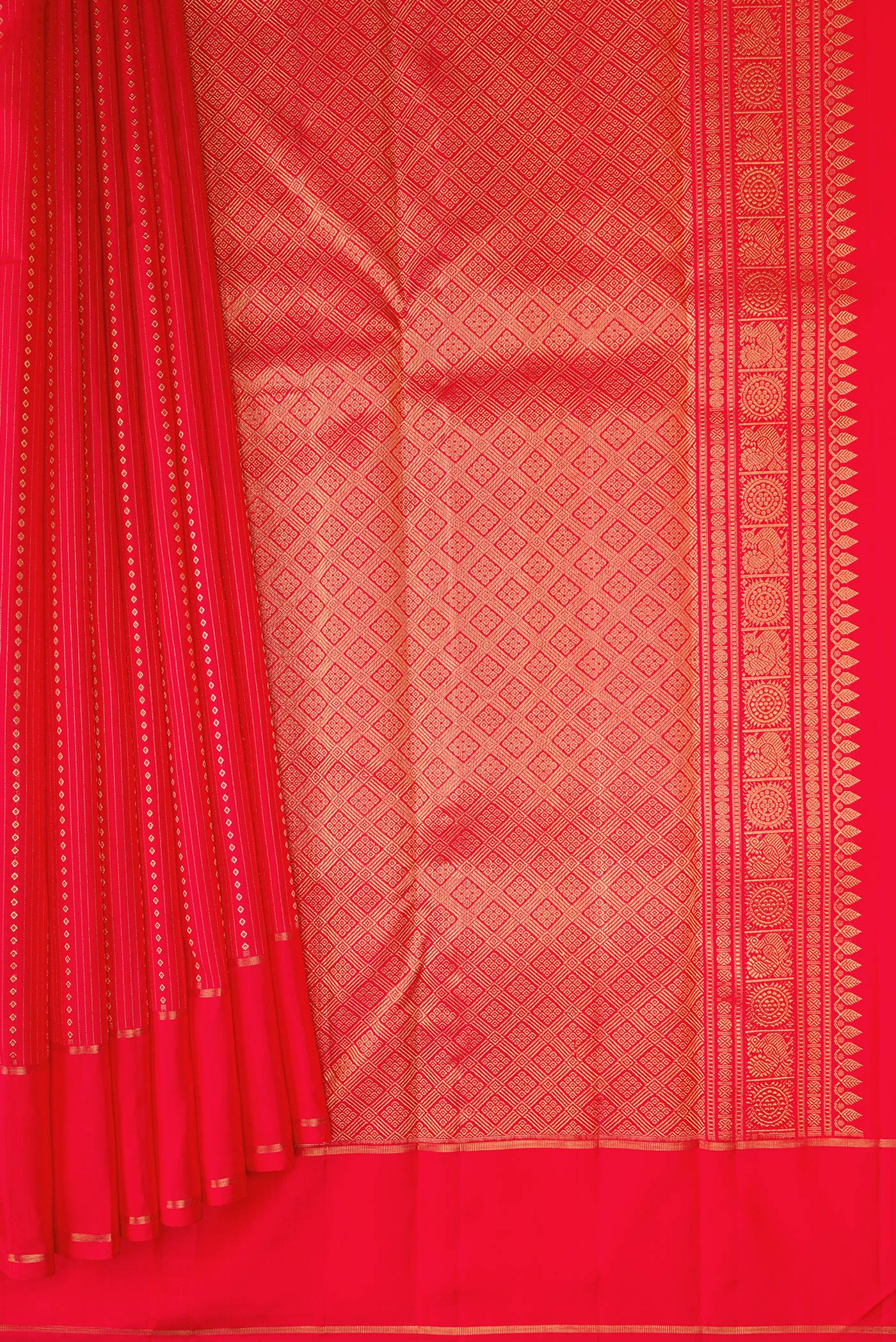 Pleats and pallu of Pure Silk Pure Zari Red Dual Tone Kanchipuram Saree with Stripes on the body and Zari Border. 