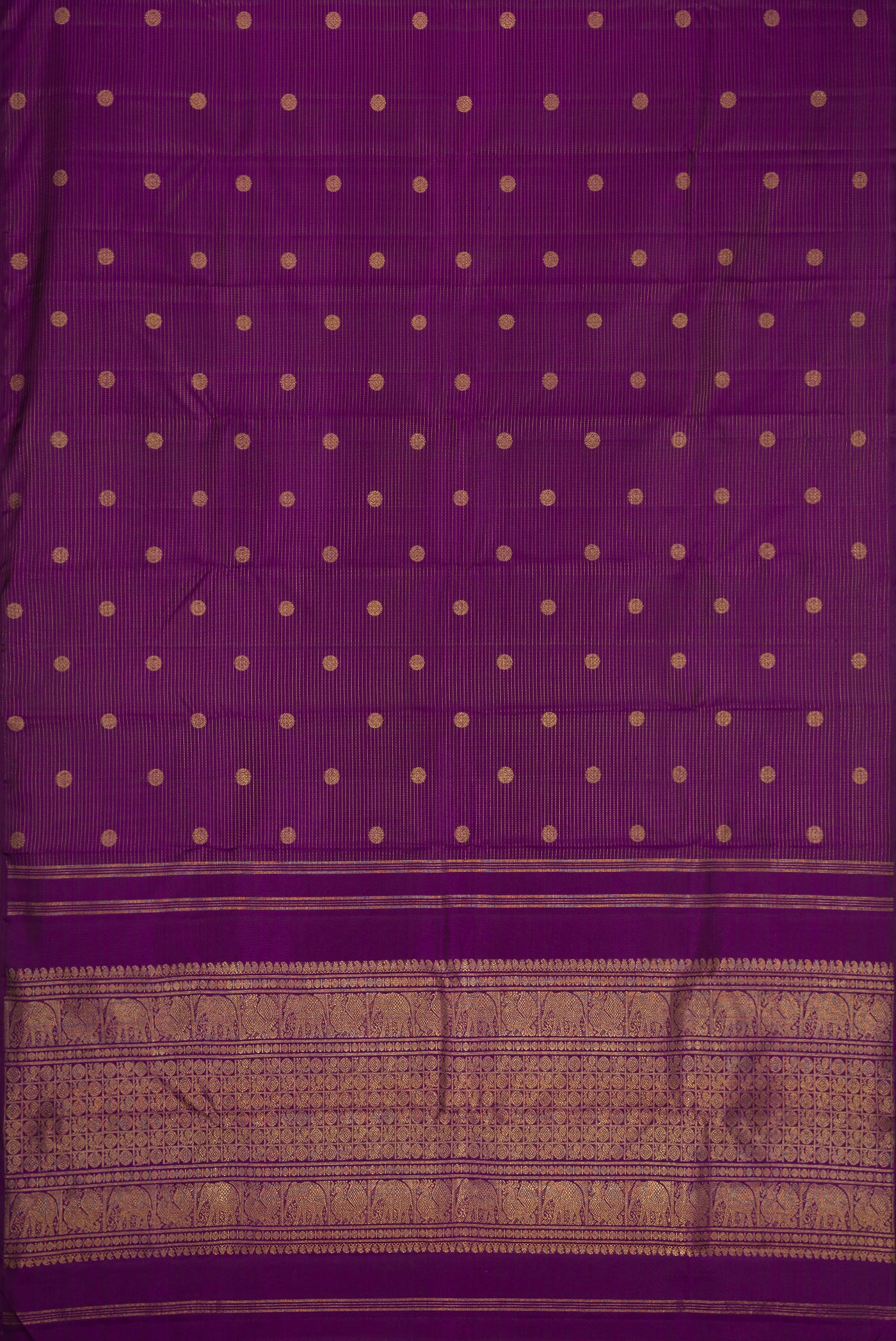 Flat view of Pure Silk Pure Zari Purple Dual Tone Kanchipuram Saree with Zari Butta on the body and Without Border. 