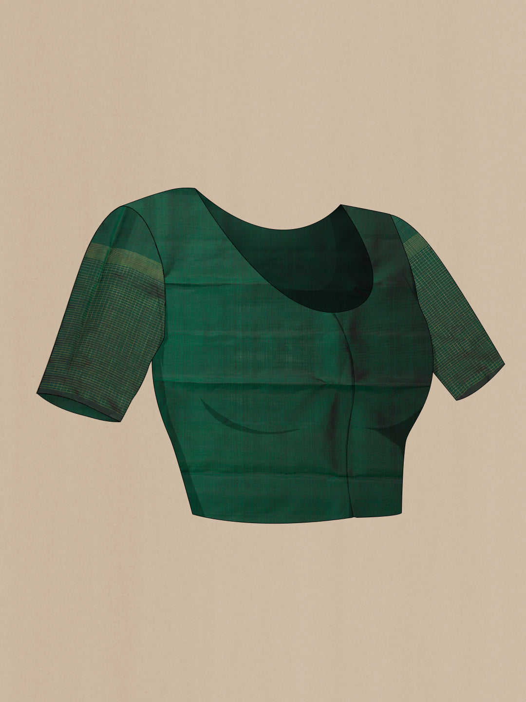 Close up image of the blouse of Pure Silk Pure Zari Bottle Green Dual Tone Kanchipuram Saree with Zari Butta on the body and Fancy Border. 