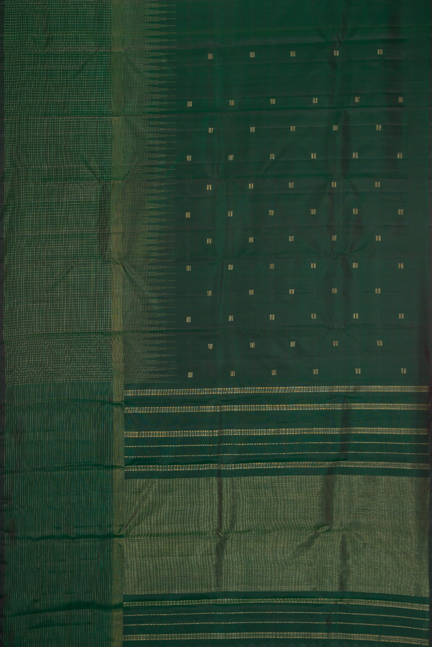 Flat view of Pure Silk Pure Zari Bottle Green Dual Tone Kanchipuram Saree with Zari Butta on the body and Fancy Border. 