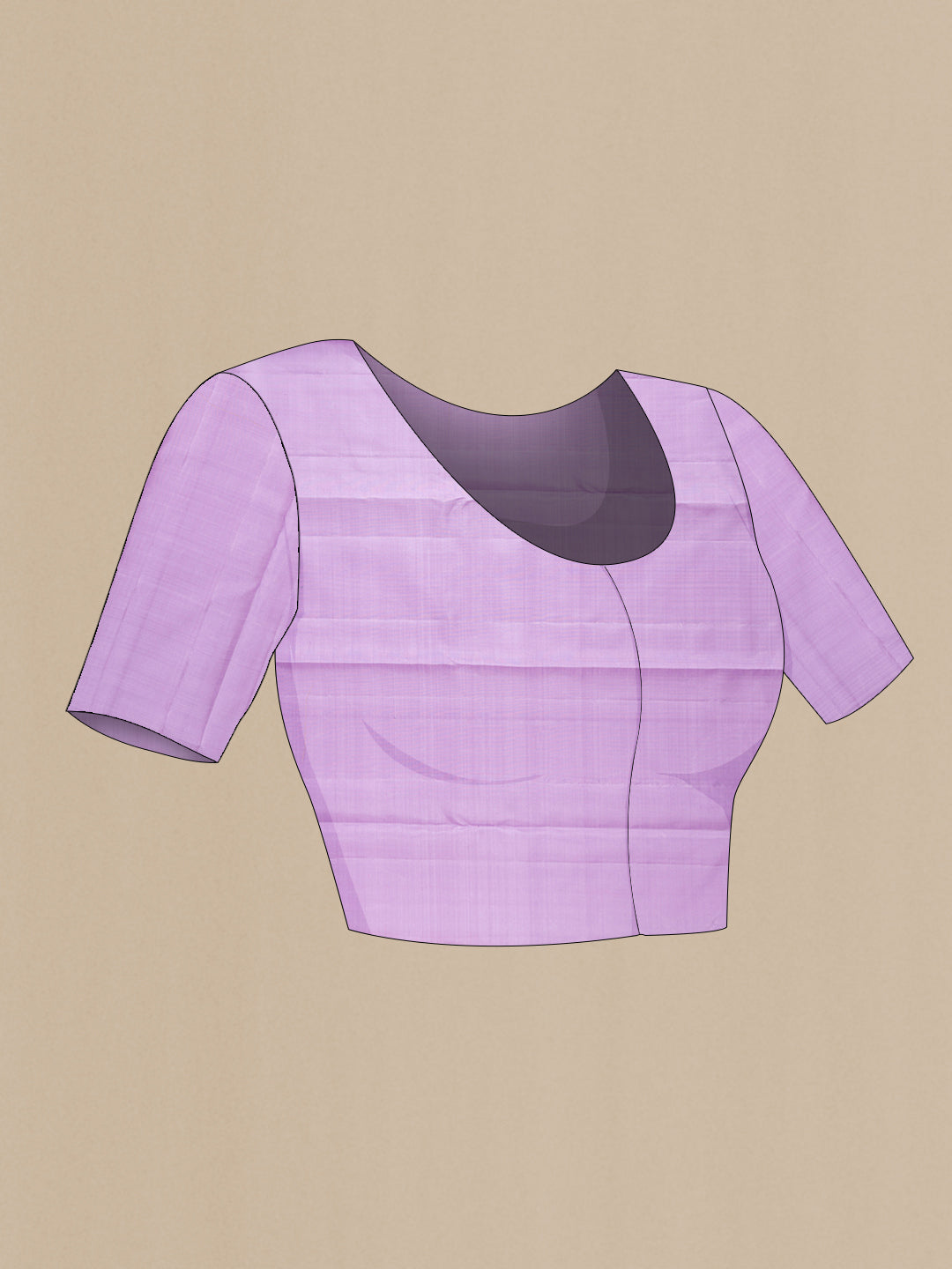 Close up image of the blouse of Pure Silk Pure Zari Lavender Dual Tone Kanchipuram Saree with Zari Butta on the body and Temple Border. 