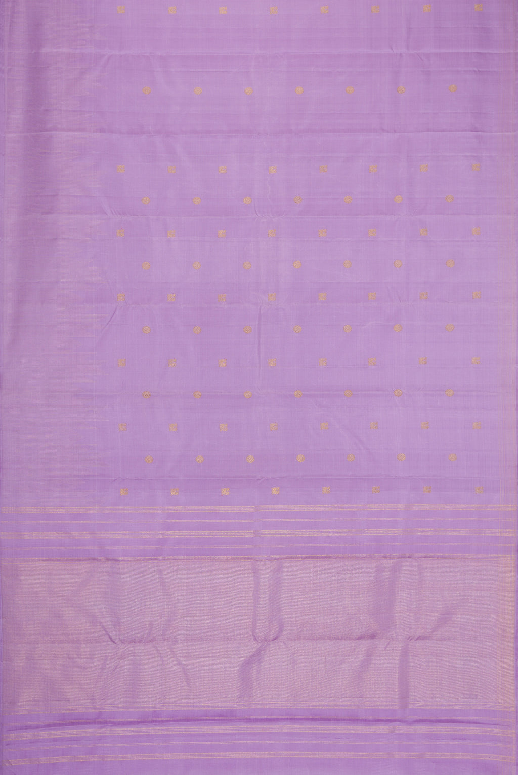 Flat view of Pure Silk Pure Zari Lavender Dual Tone Kanchipuram Saree with Zari Butta on the body and Temple Border. 