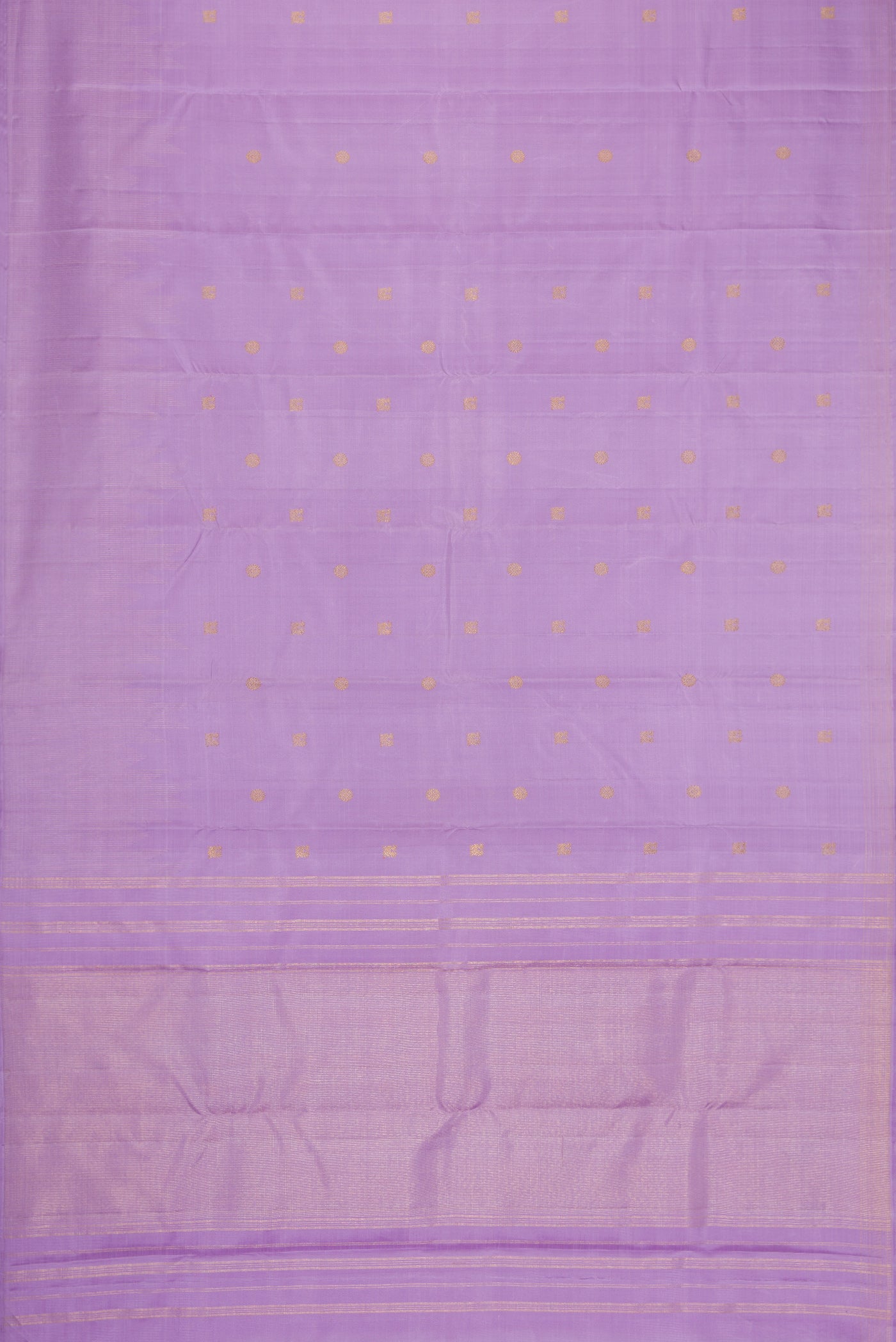 Flat view of Pure Silk Pure Zari Lavender Dual Tone Kanchipuram Saree with Zari Butta on the body and Temple Border. 