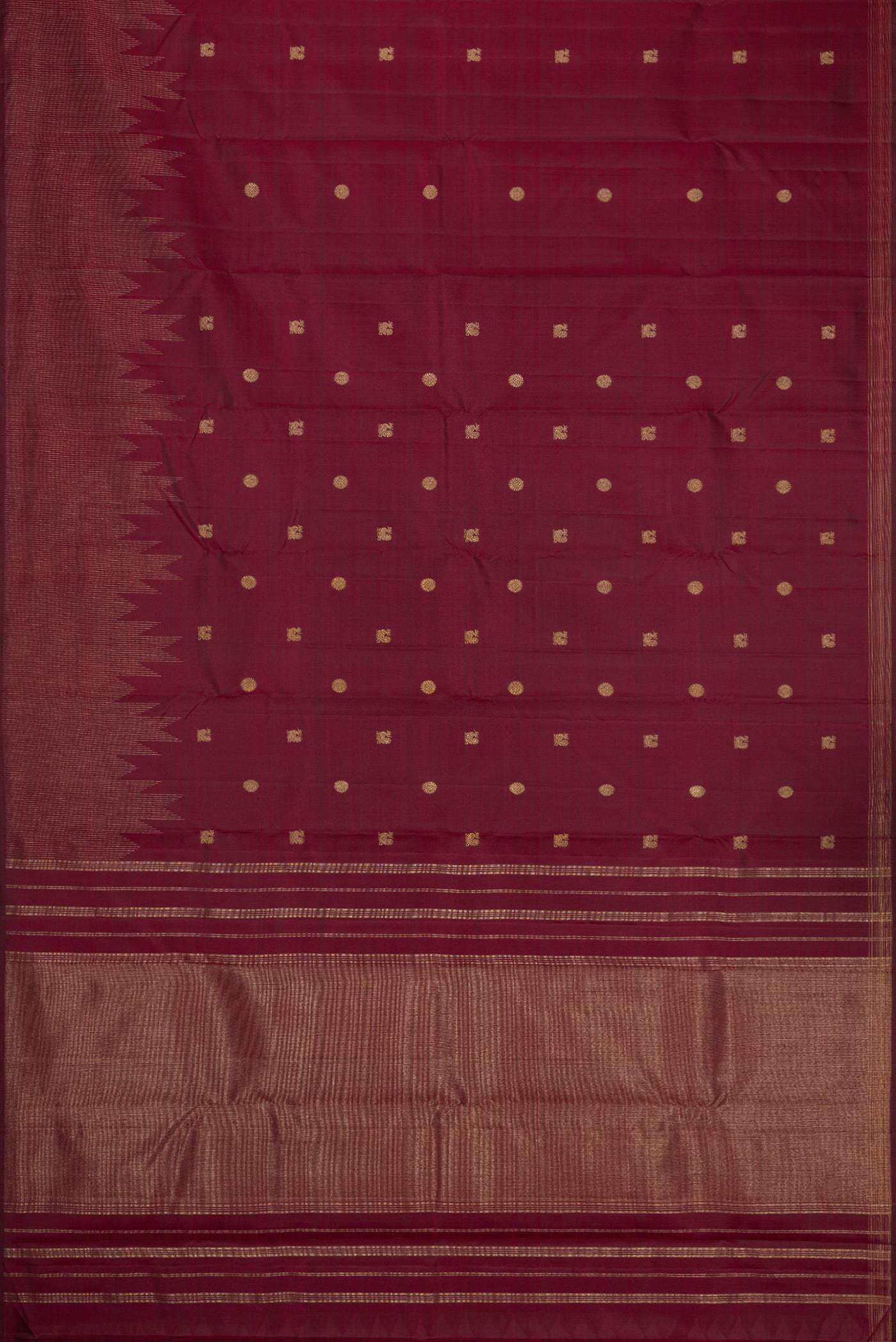 Flat view of Pure Silk Pure Zari Maroon Dual Tone Kanchipuram Saree with Zari Butta on the body and Zari Border. 