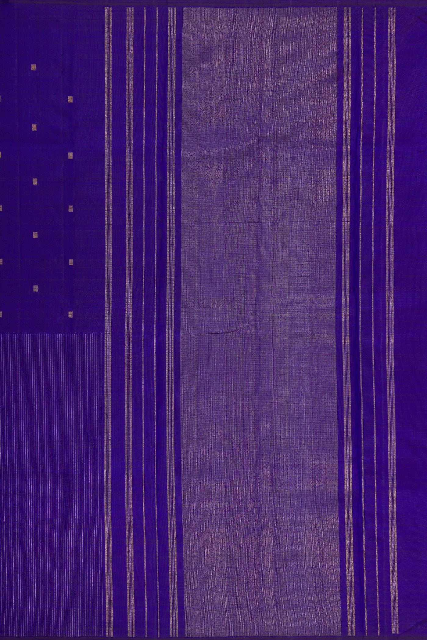 Close up image of the pallu of Pure Silk Pure Zari Royal Blue Dual Tone Kanchipuram Saree with Half And Half on the body and Without Border. 