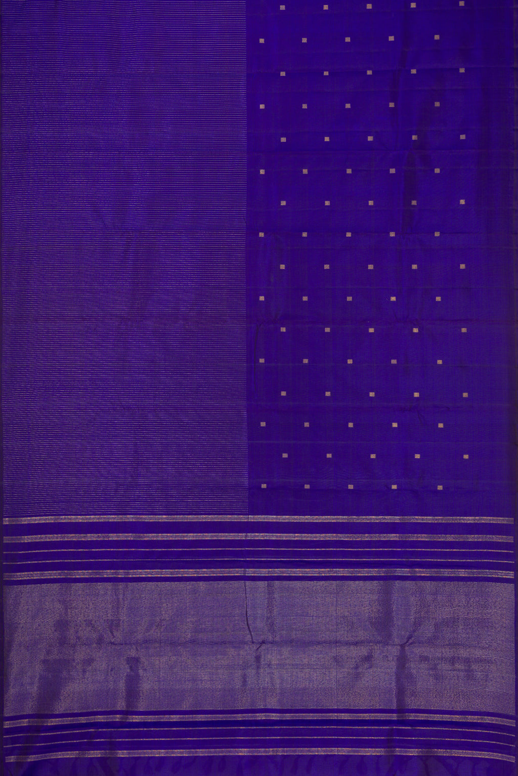 Flat view of Pure Silk Pure Zari Royal Blue Dual Tone Kanchipuram Saree with Half And Half on the body and Without Border. 