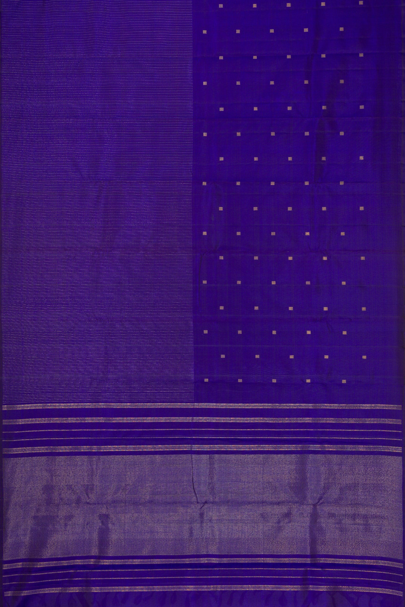 Flat view of Pure Silk Pure Zari Royal Blue Dual Tone Kanchipuram Saree with Half And Half on the body and Without Border. 