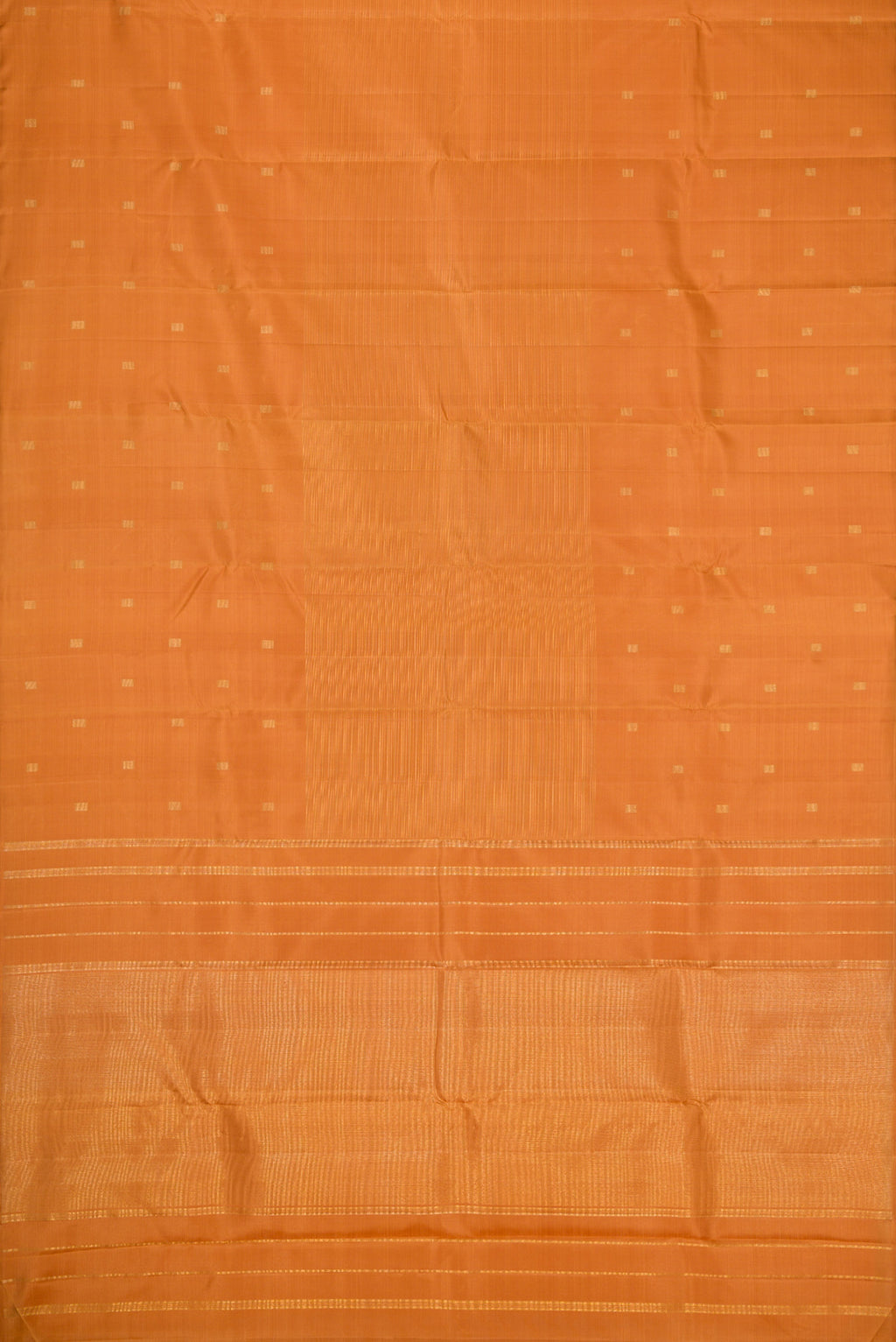 Flat view of Pure Silk Pure Zari Golden Dual Tone Kanchipuram Saree with Zari Butta on the body and Without Border. 