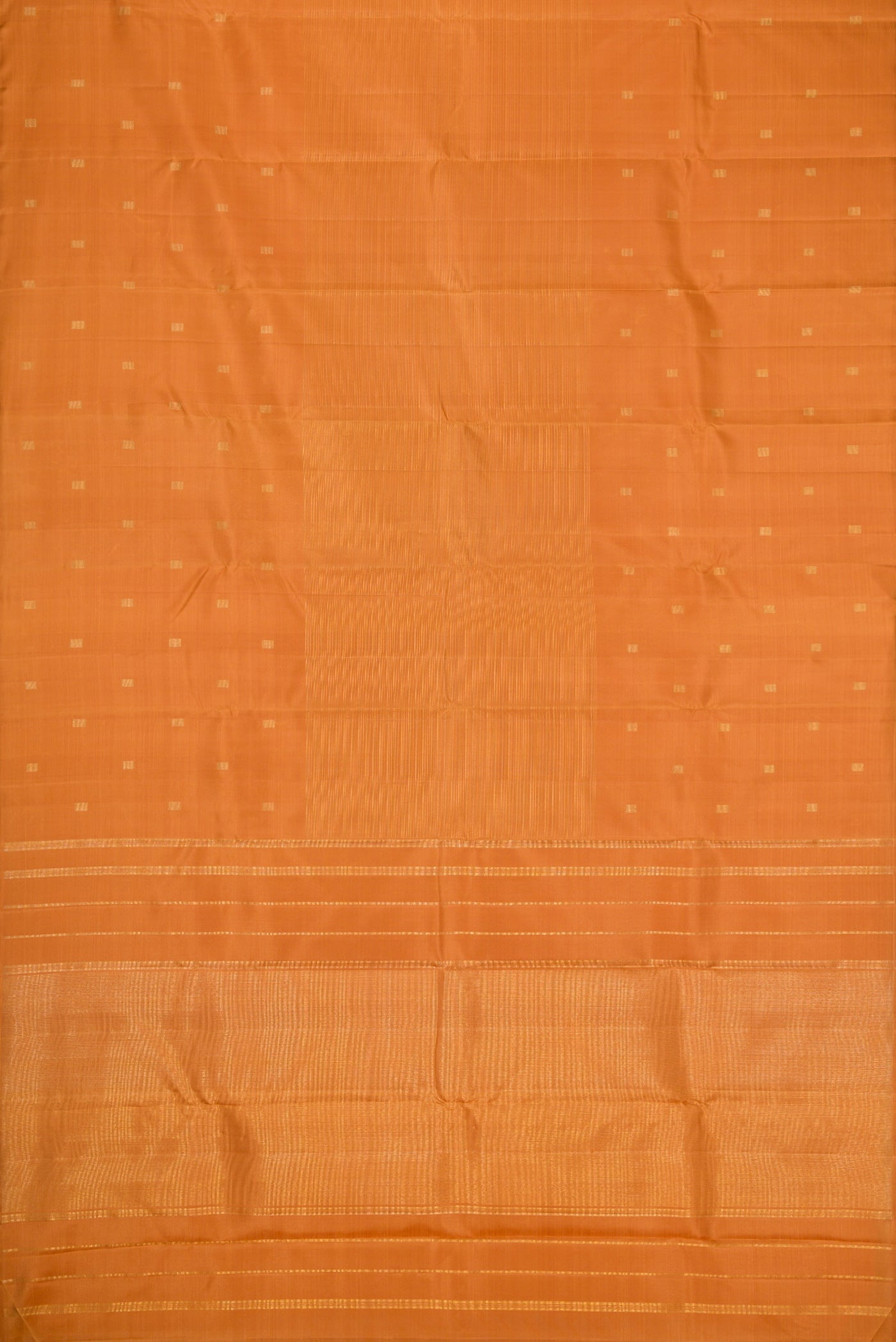 Flat view of Pure Silk Pure Zari Golden Dual Tone Kanchipuram Saree with Zari Butta on the body and Without Border. 