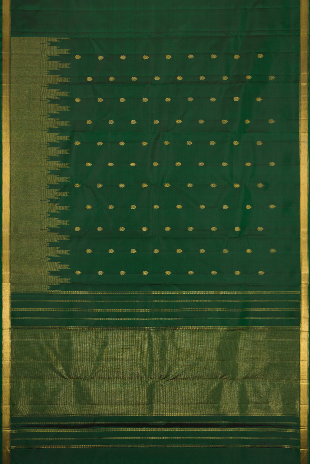 Flat view of Green Dual Tone Kanchipuram Silk Saree with Zari Butta on the body and Zari Border. 