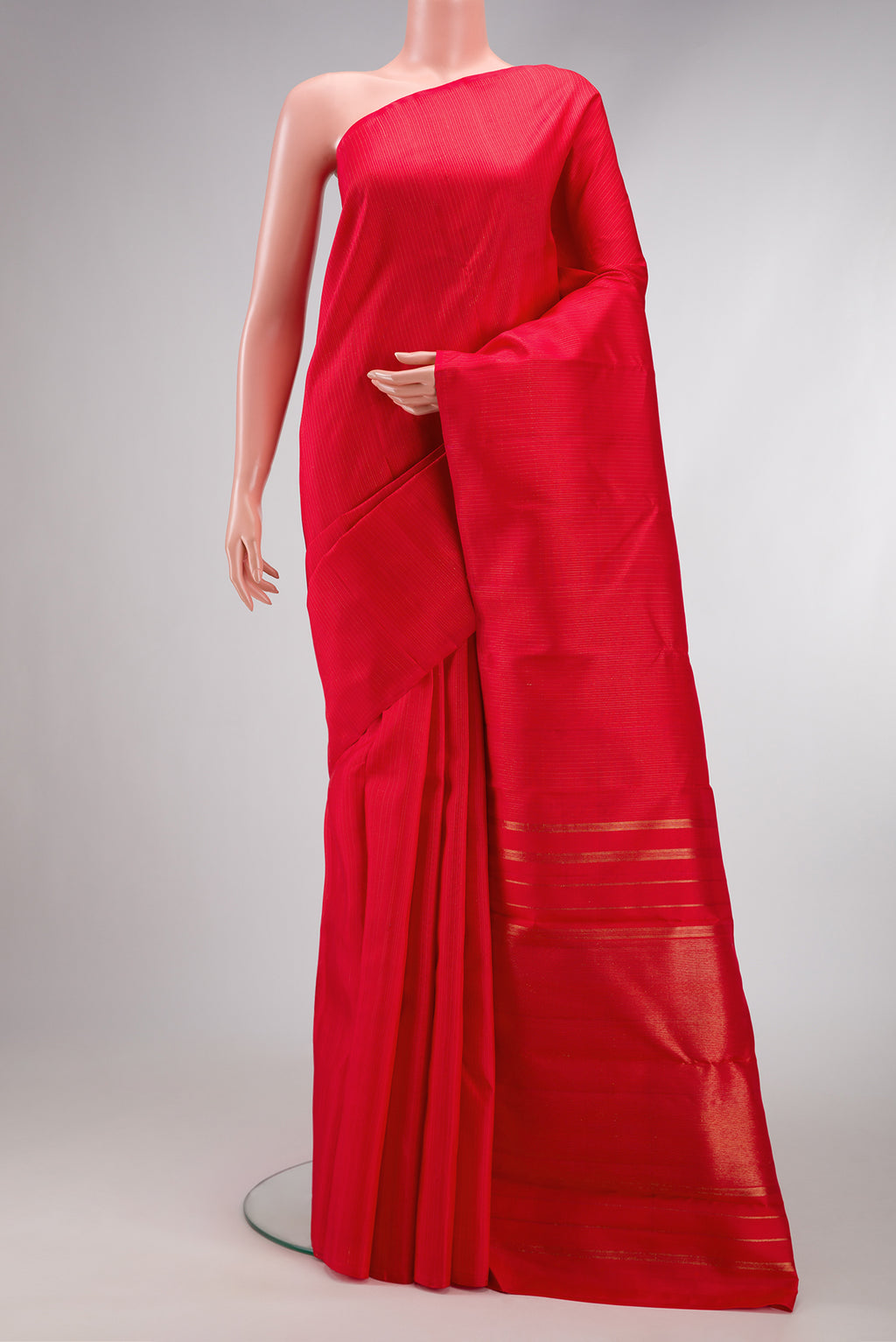 Red Dual Tone Kanjivaram Silk Saree with Stripes on the body and Without Border.  displayed on a mannequin