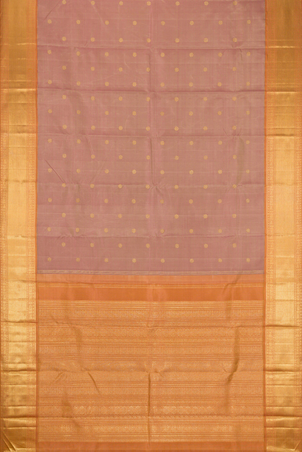 Flat view of Pure Silk Pure Zari Rose Gold Kanjivaram Saree with Zari Butta on the body and Zari Border. 
