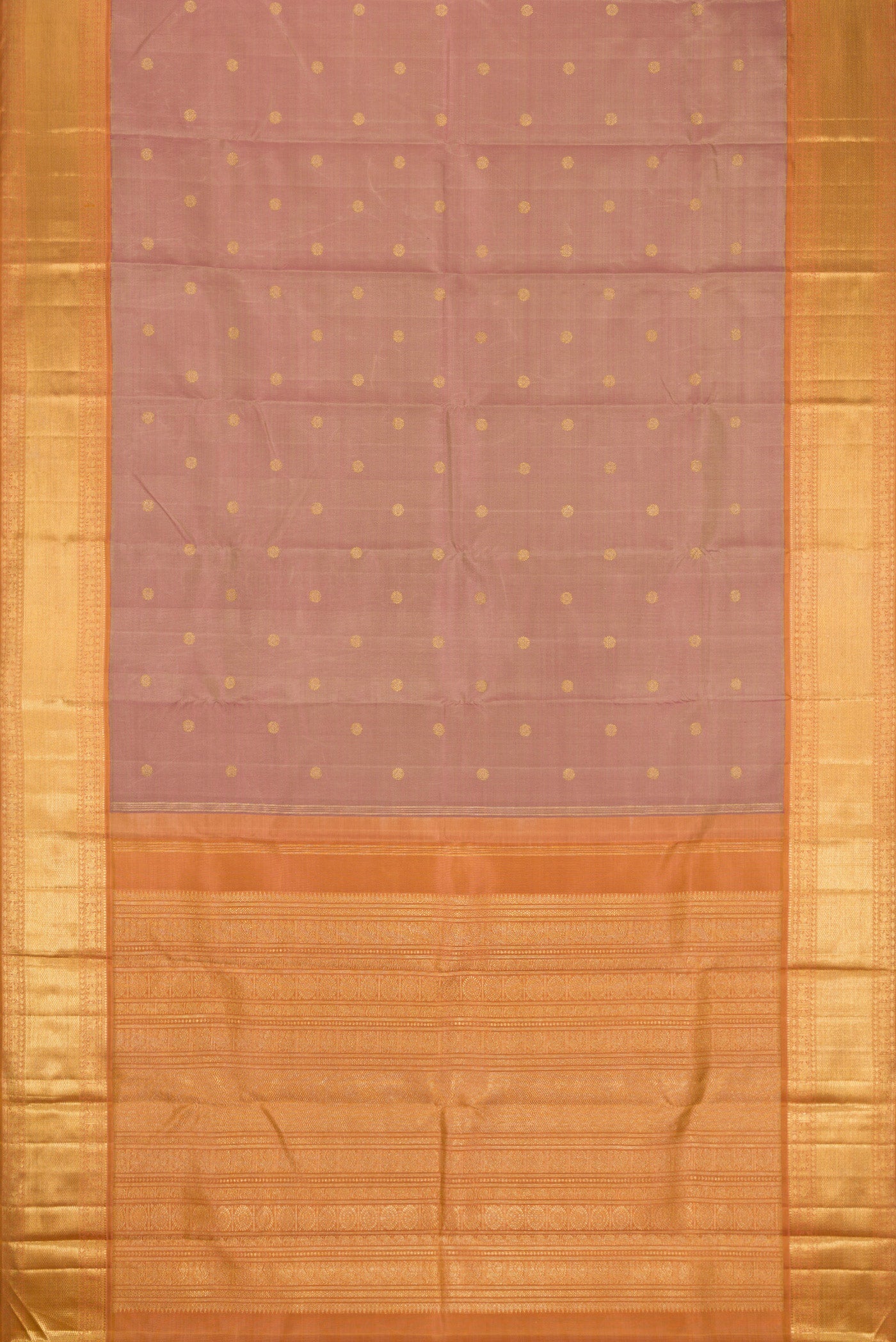 Flat view of Pure Silk Pure Zari Rose Gold Kanjivaram Saree with Zari Butta on the body and Zari Border. 
