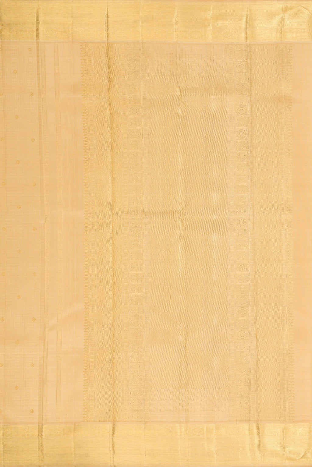Close up image of the pallu of Pure Silk Pure Zari Sandal Dual Tone Kanjivaram Saree with Zari Butta on the body and Zari Border. 