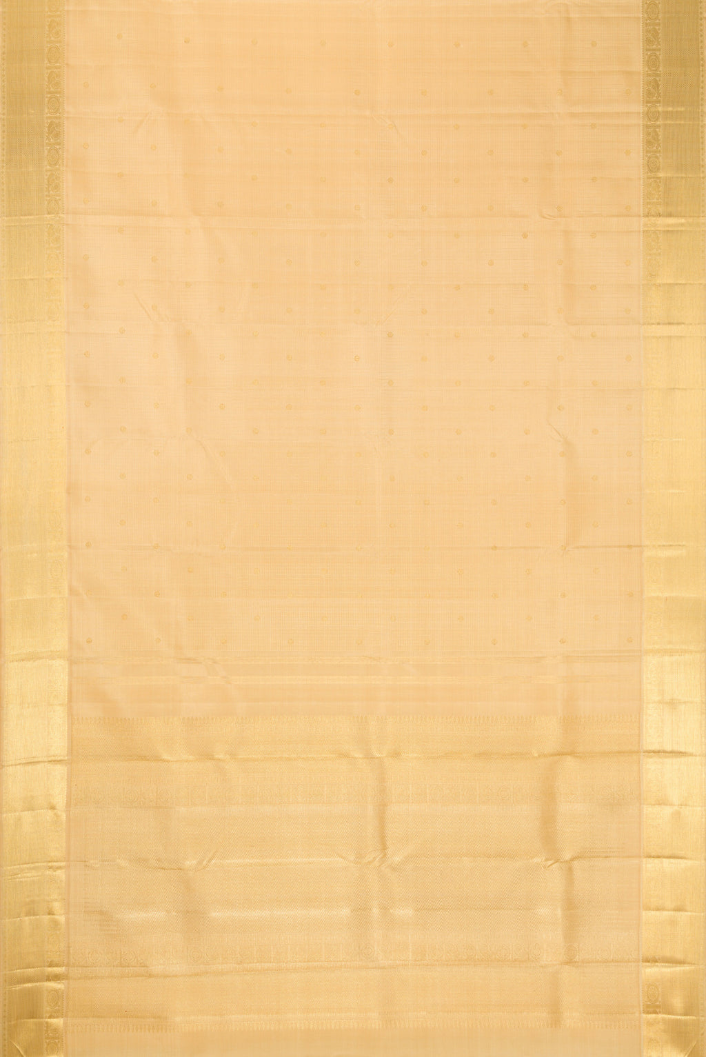 Flat view of Pure Silk Pure Zari Sandal Dual Tone Kanjivaram Saree with Zari Butta on the body and Zari Border. 