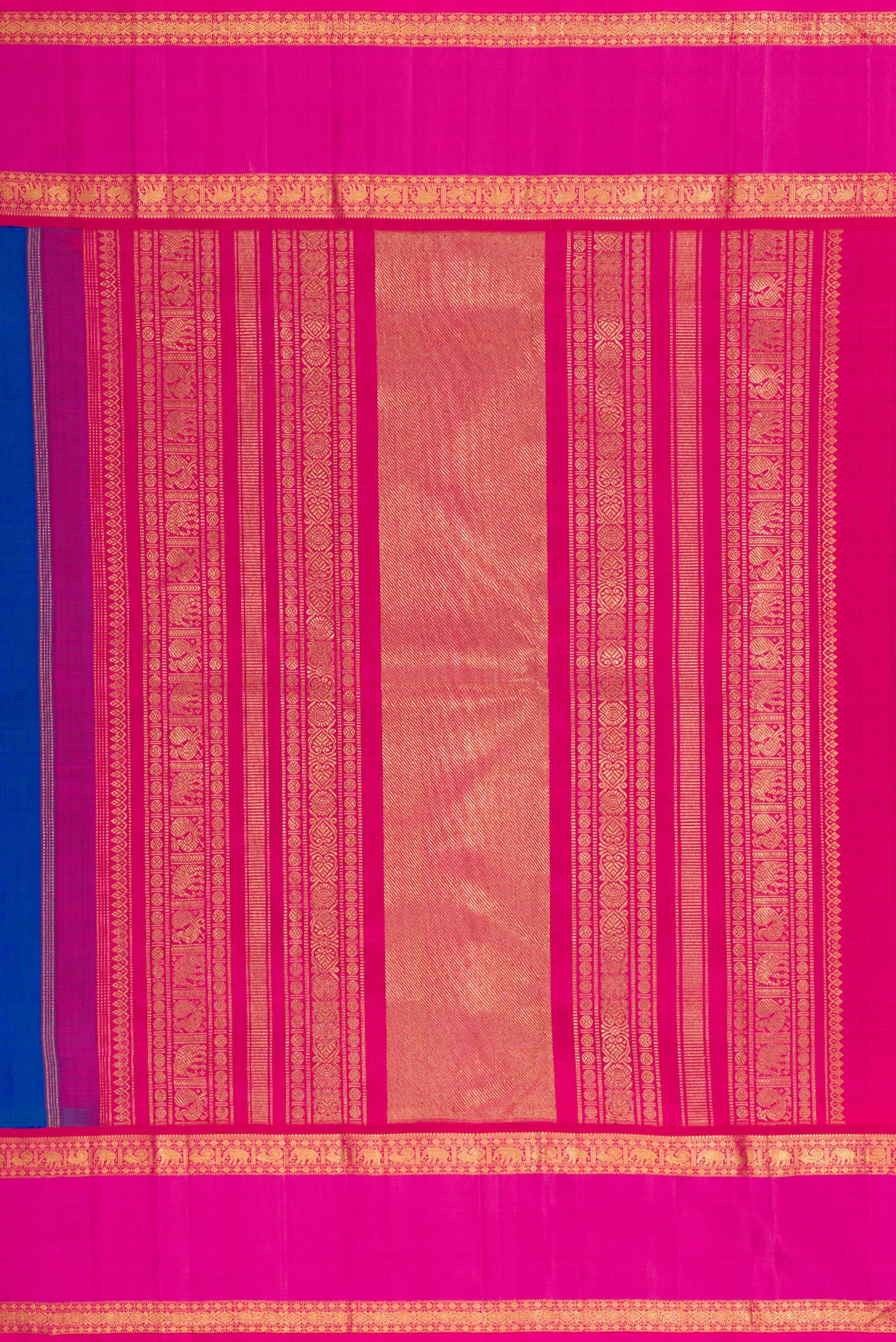 Close up image of the pallu of Pure Silk Pure Zari Royal Blue Dual Tone Kanjivaram Saree with Zari Butta on the body and Zari Border. 