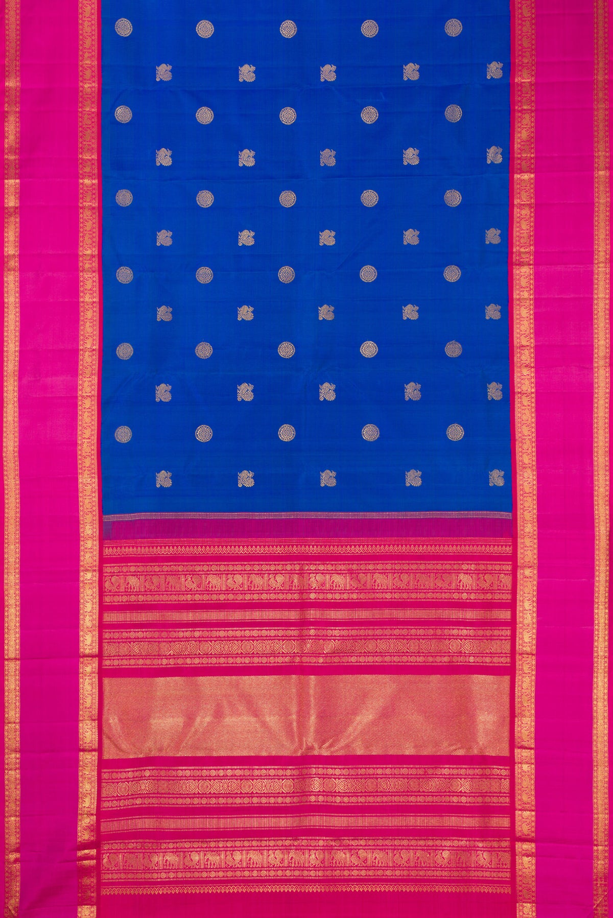 Flat view of Pure Silk Pure Zari Royal Blue Dual Tone Kanjivaram Saree with Zari Butta on the body and Zari Border. 
