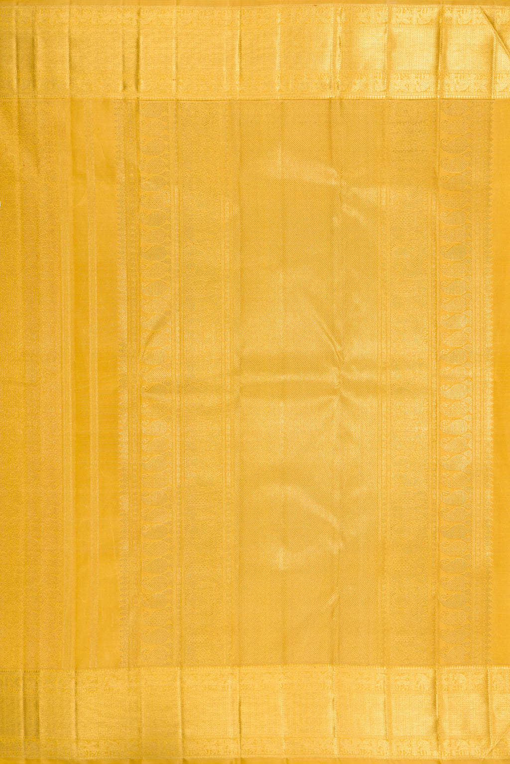 Close up image of the pallu of Pure Silk Pure Zari Mustard Dual Tone Kanjivaram Saree with Zari Brocade on the body and Zari Border. 