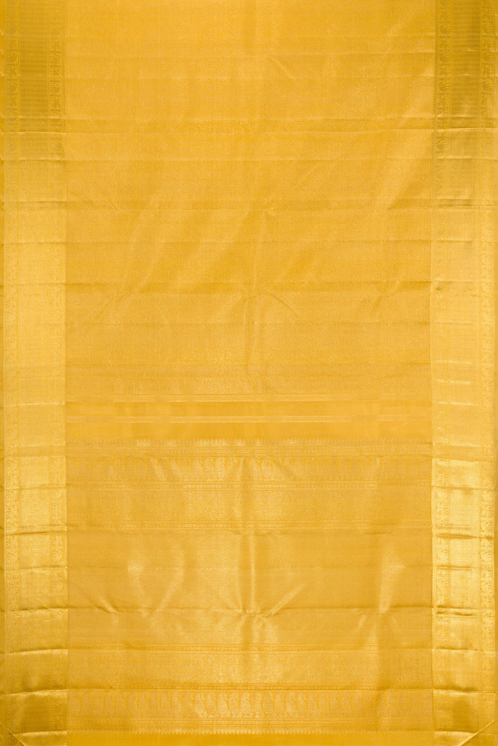Flat view of Pure Silk Pure Zari Mustard Dual Tone Kanjivaram Saree with Zari Brocade on the body and Zari Border. 