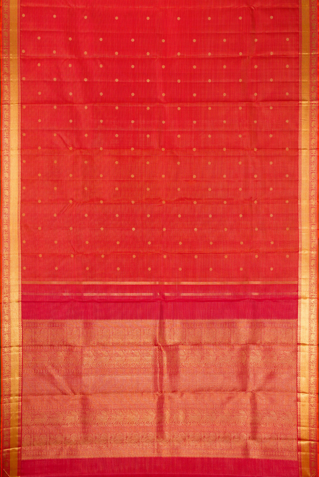 Flat view of Pure Silk Pure Zari Brick Orange Dual Tone Kanjivaram Saree with Stripes on the body and Zari Border. 