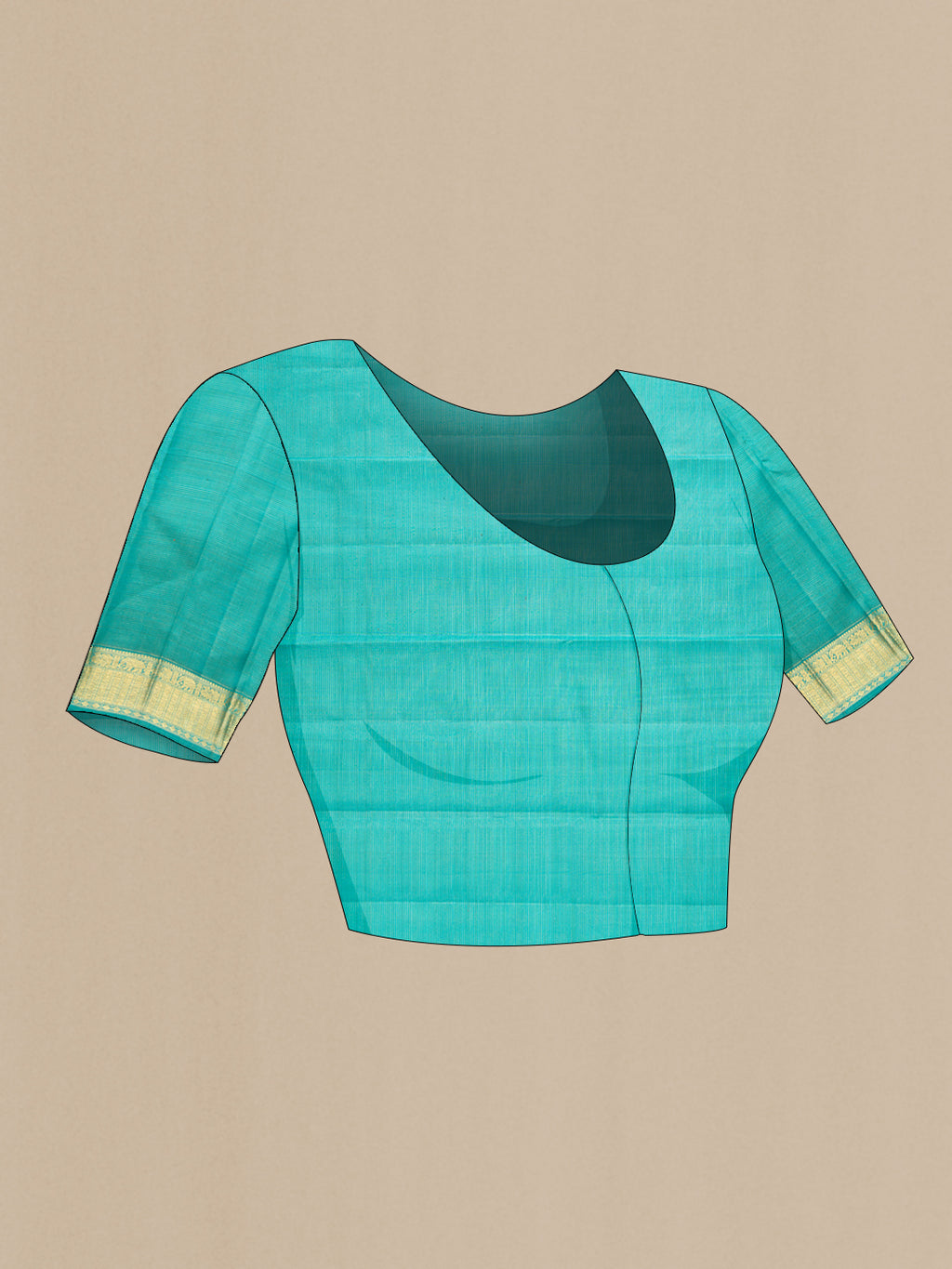 Close up image of the blouse of Pure Silk Pure Zari Light Blue Dual Tone Kanjivaram Saree with Stripes on the body and Zari Border. 