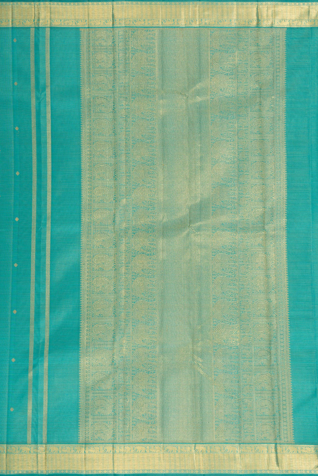 Close up image of the pallu of Pure Silk Pure Zari Light Blue Dual Tone Kanjivaram Saree with Stripes on the body and Zari Border. 