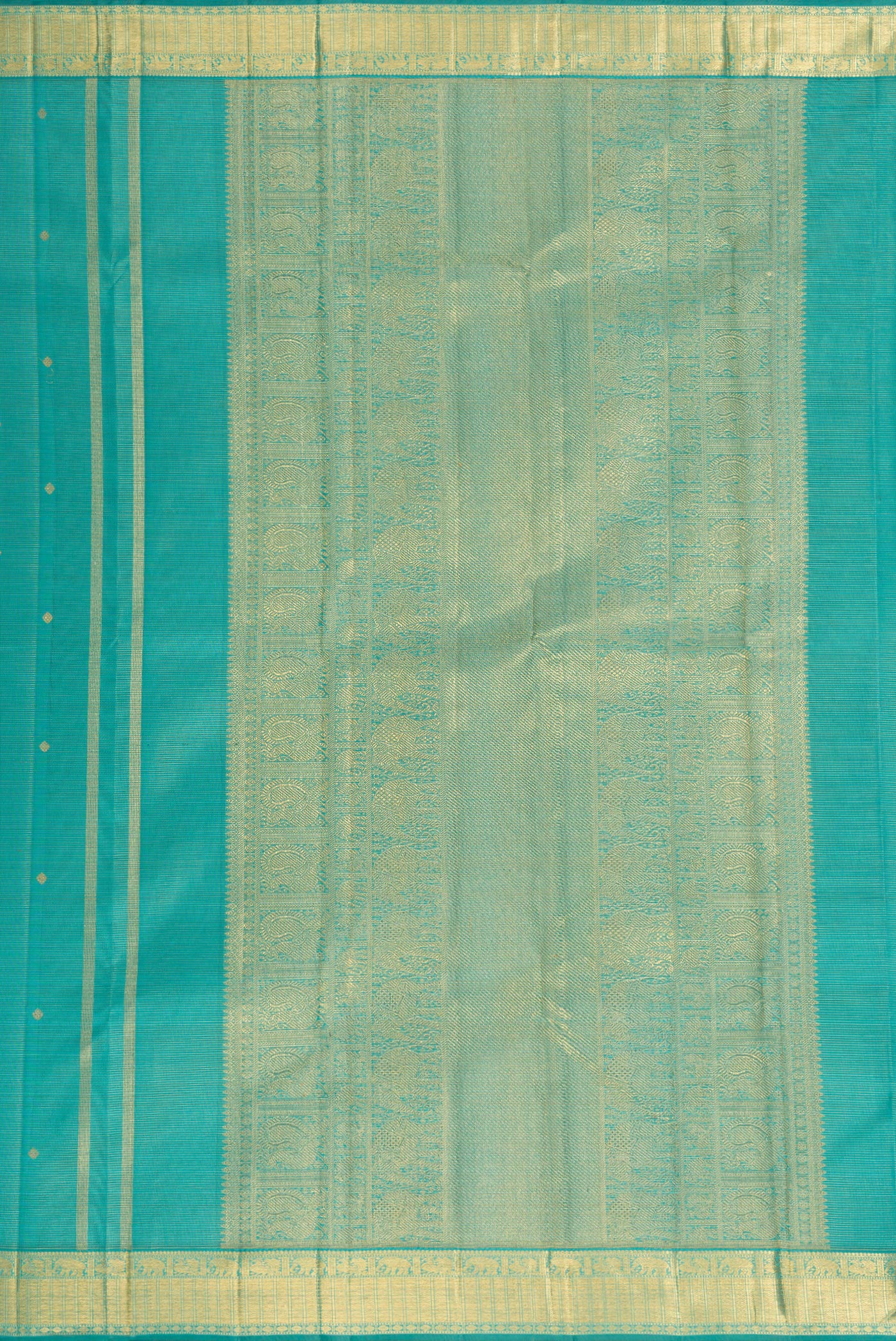 Close up image of the pallu of Pure Silk Pure Zari Light Blue Dual Tone Kanjivaram Saree with Stripes on the body and Zari Border. 