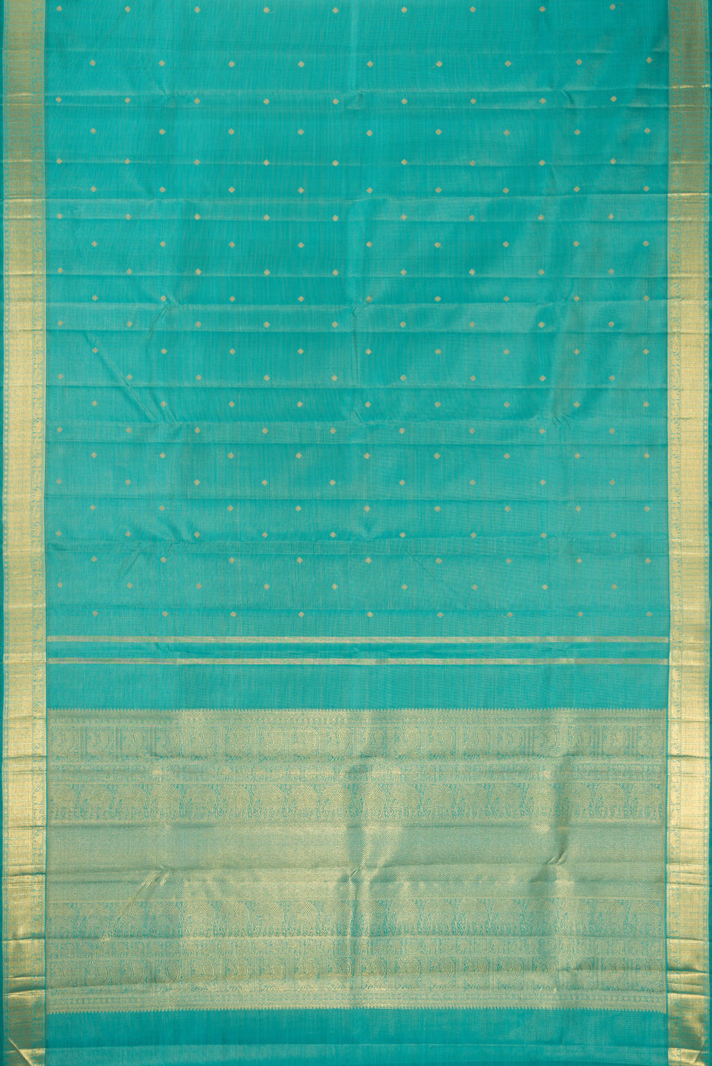 Flat view of Pure Silk Pure Zari Light Blue Dual Tone Kanjivaram Saree with Stripes on the body and Zari Border. 