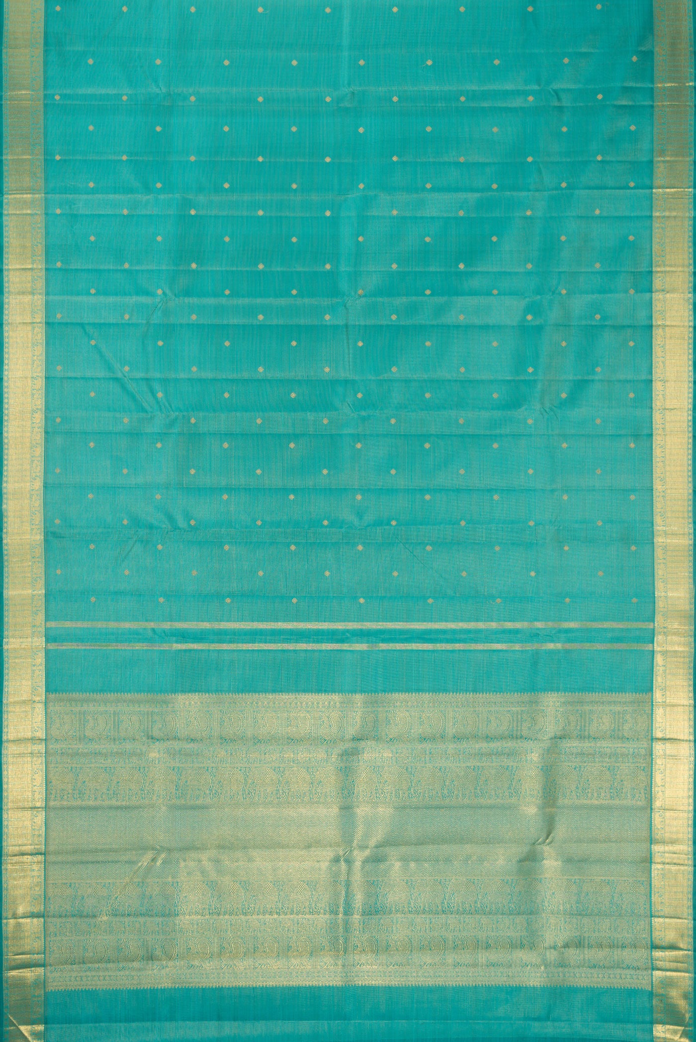 Flat view of Pure Silk Pure Zari Light Blue Dual Tone Kanjivaram Saree with Stripes on the body and Zari Border. 
