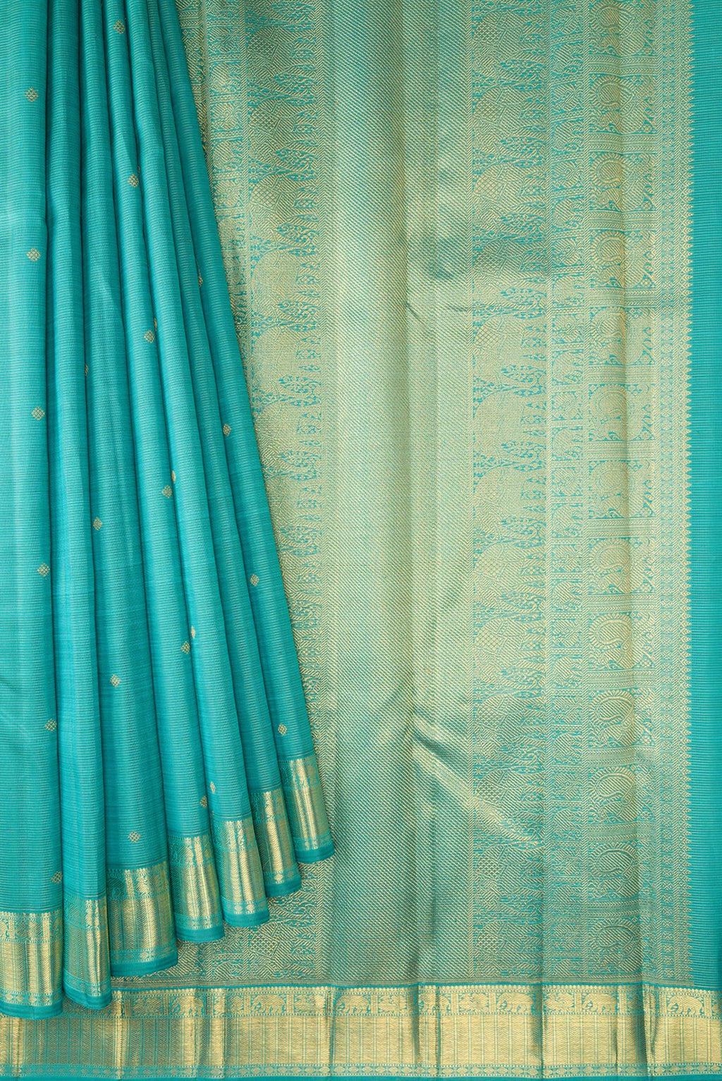 Pleats and pallu of Pure Silk Pure Zari Light Blue Dual Tone Kanjivaram Saree with Stripes on the body and Zari Border. 