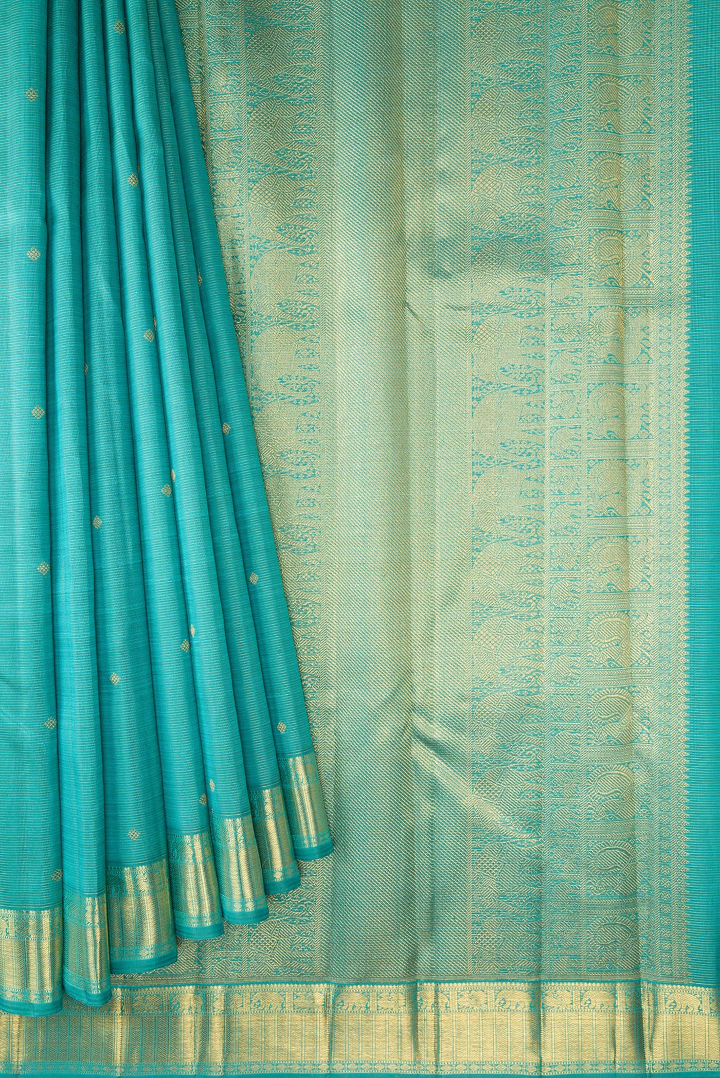 Pleats and pallu of Pure Silk Pure Zari Light Blue Dual Tone Kanjivaram Saree with Stripes on the body and Zari Border. 