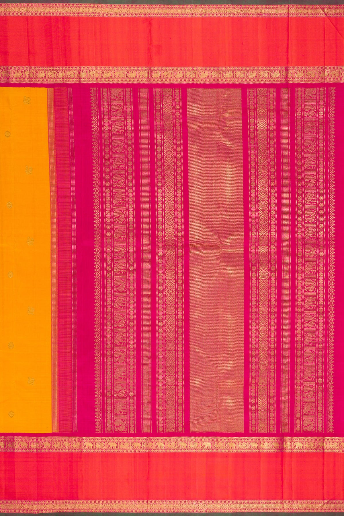 Close up image of the pallu of Pure Silk Pure Zari Mustard Kanjivaram Saree with Zari Butta on the body and Zari Border. 