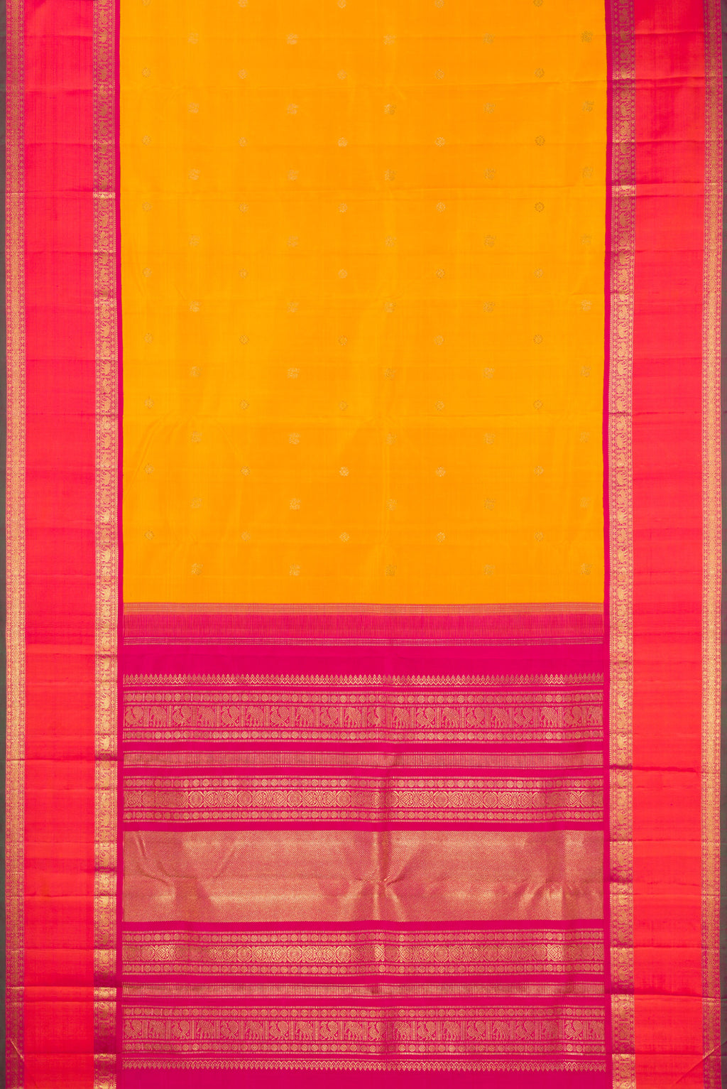 Flat view of Pure Silk Pure Zari Mustard Kanjivaram Saree with Zari Butta on the body and Zari Border. 