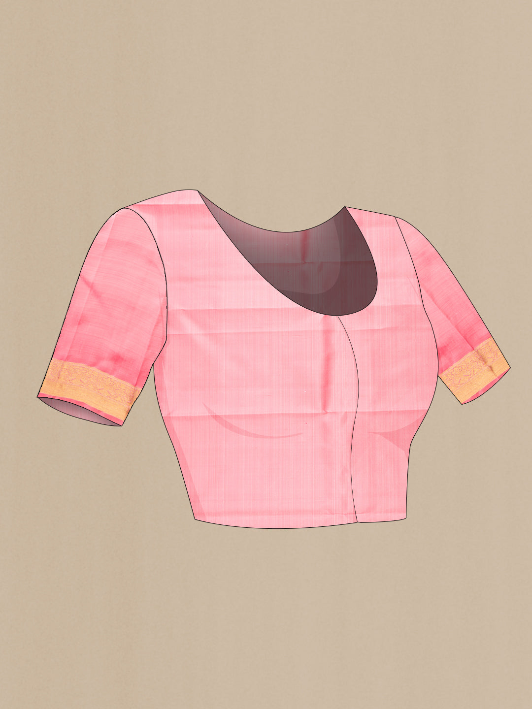 Close up image of the blouse of Pure Silk Pure Zari Pink Dual Tone Kanjivaram Saree with Stripes on the body and Zari Border. 