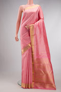 Pure Silk Pure Zari Pink Dual Tone Kanjivaram Saree with Stripes on the body and Zari Border.  displayed on a mannequin