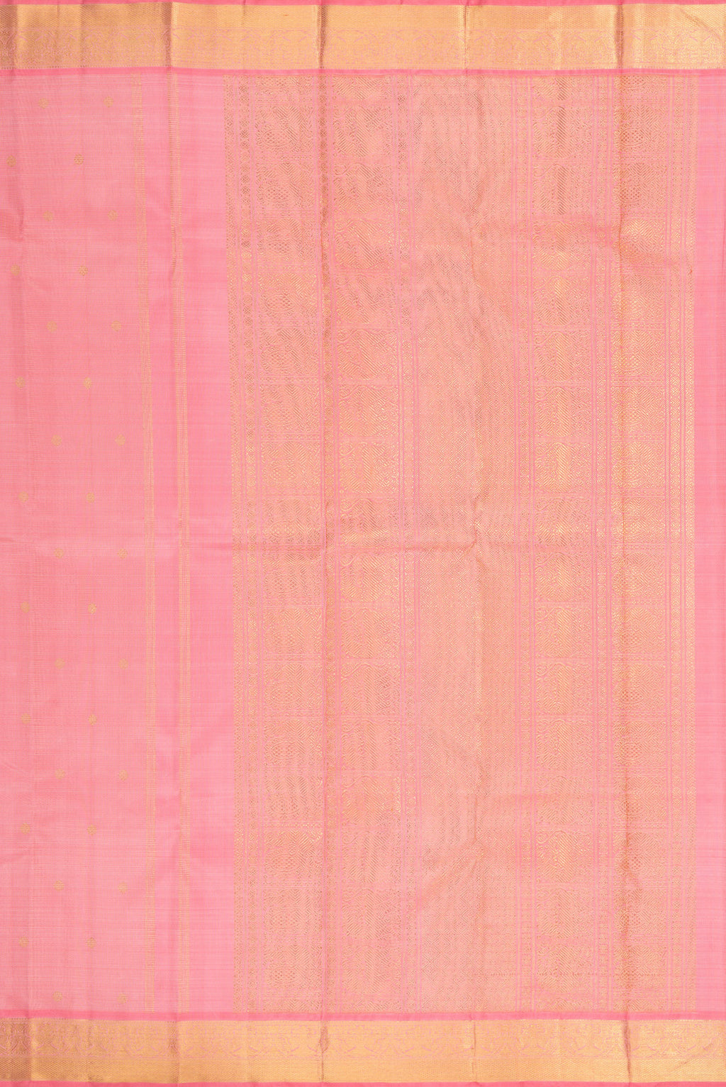 Close up image of the pallu of Pure Silk Pure Zari Pink Dual Tone Kanjivaram Saree with Stripes on the body and Zari Border. 