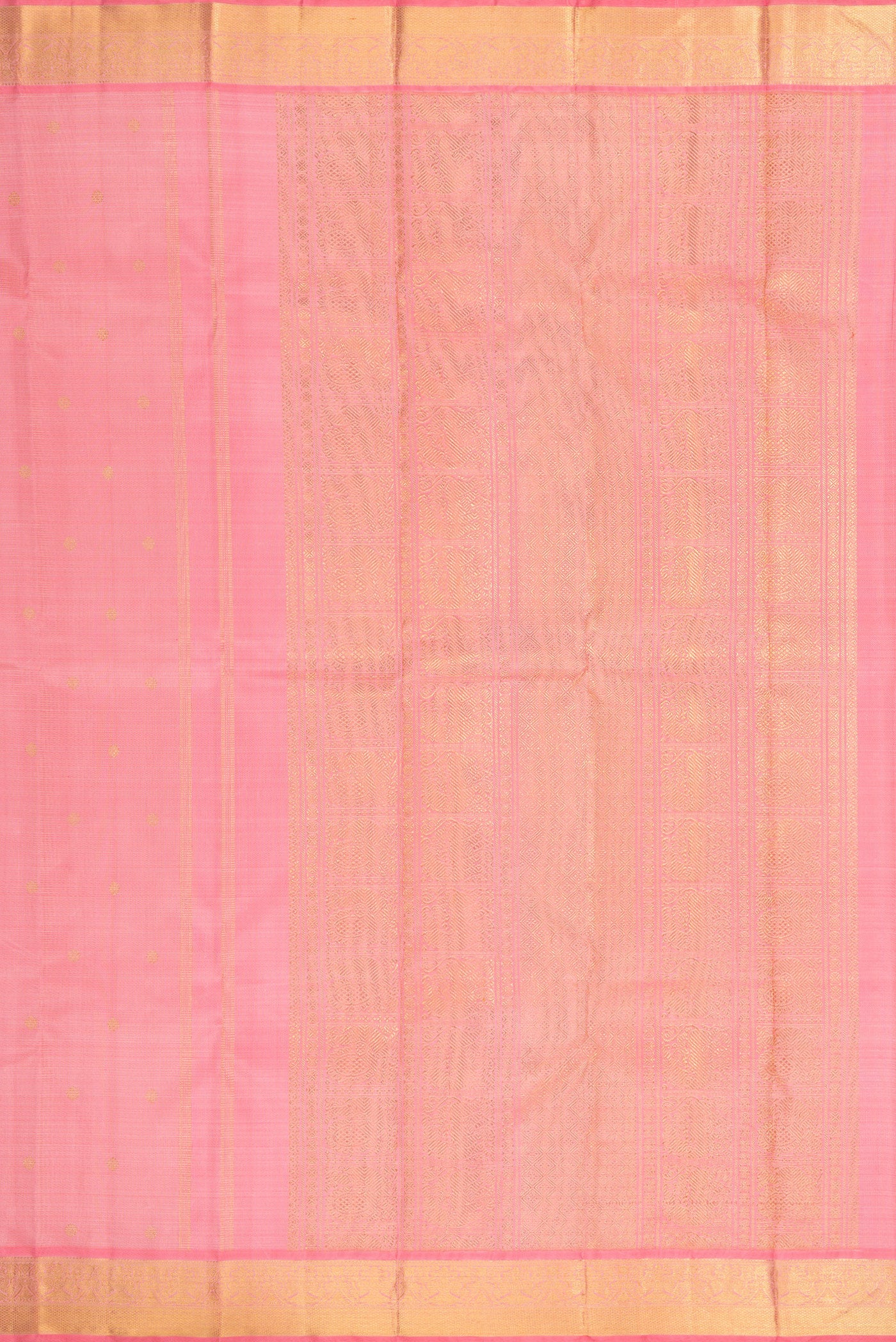 Close up image of the pallu of Pure Silk Pure Zari Pink Dual Tone Kanjivaram Saree with Stripes on the body and Zari Border. 