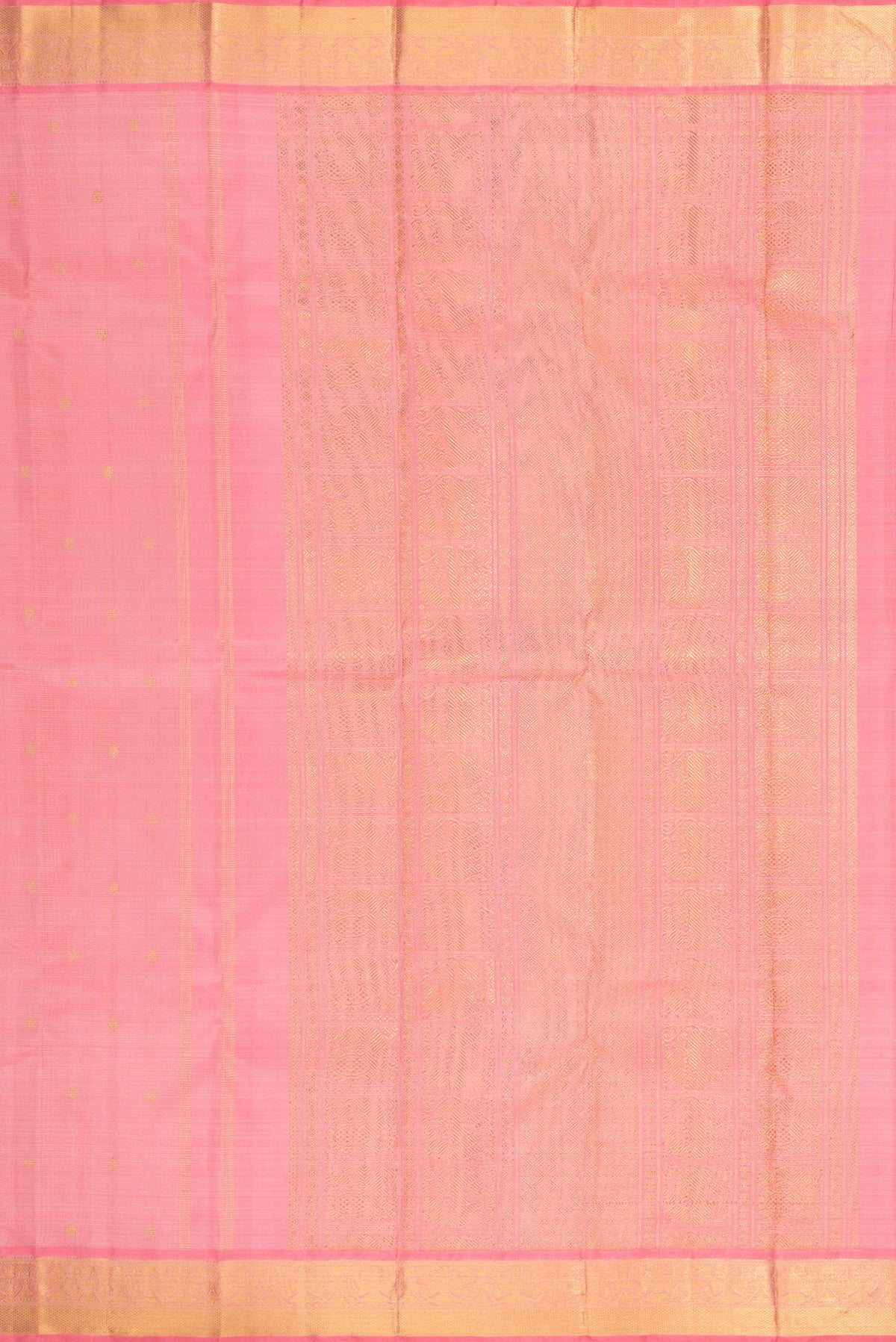 Close up image of the pallu of Pure Silk Pure Zari Pink Dual Tone Kanjivaram Saree with Stripes on the body and Zari Border. 