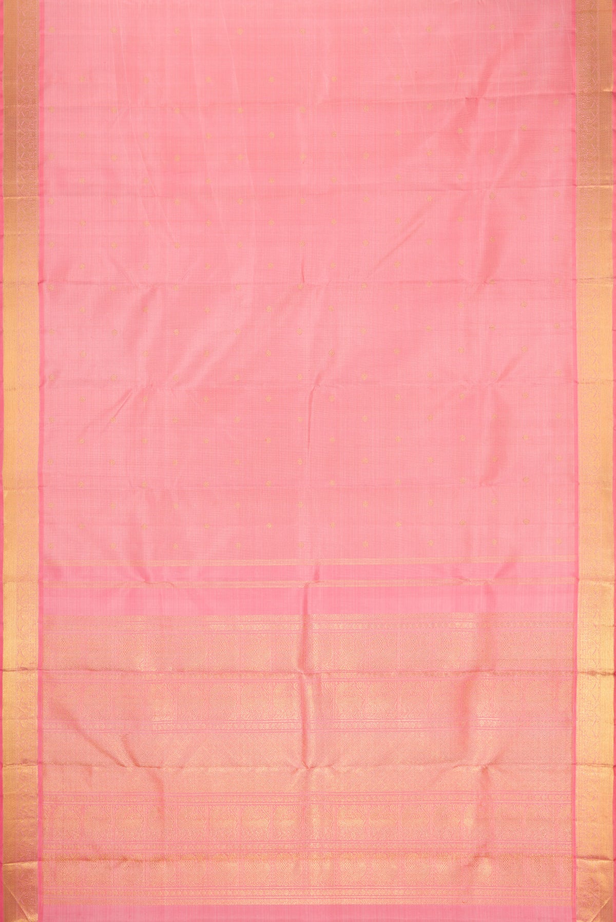 Flat view of Pure Silk Pure Zari Pink Dual Tone Kanjivaram Saree with Stripes on the body and Zari Border. 