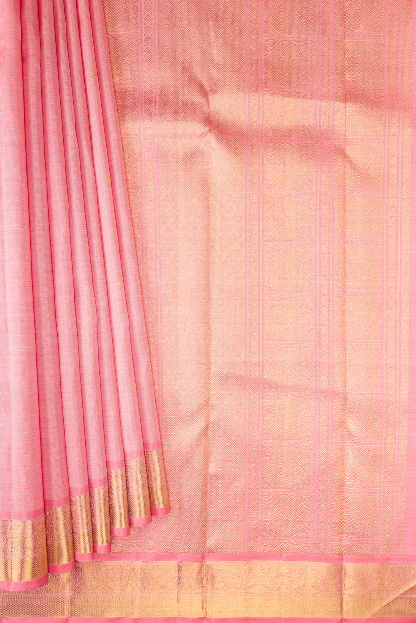 Pleats and pallu of Pure Silk Pure Zari Pink Dual Tone Kanjivaram Saree with Stripes on the body and Zari Border. 