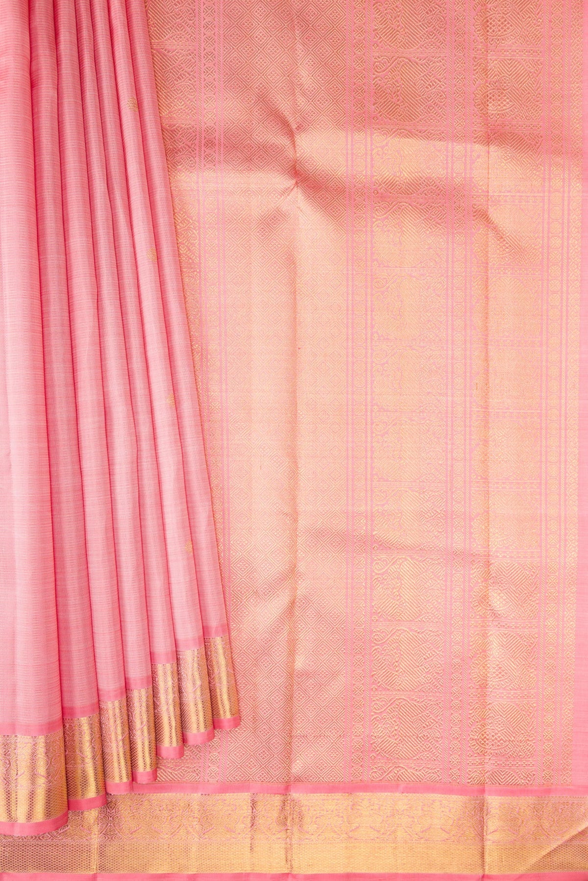 Pleats and pallu of Pure Silk Pure Zari Pink Dual Tone Kanjivaram Saree with Stripes on the body and Zari Border. 