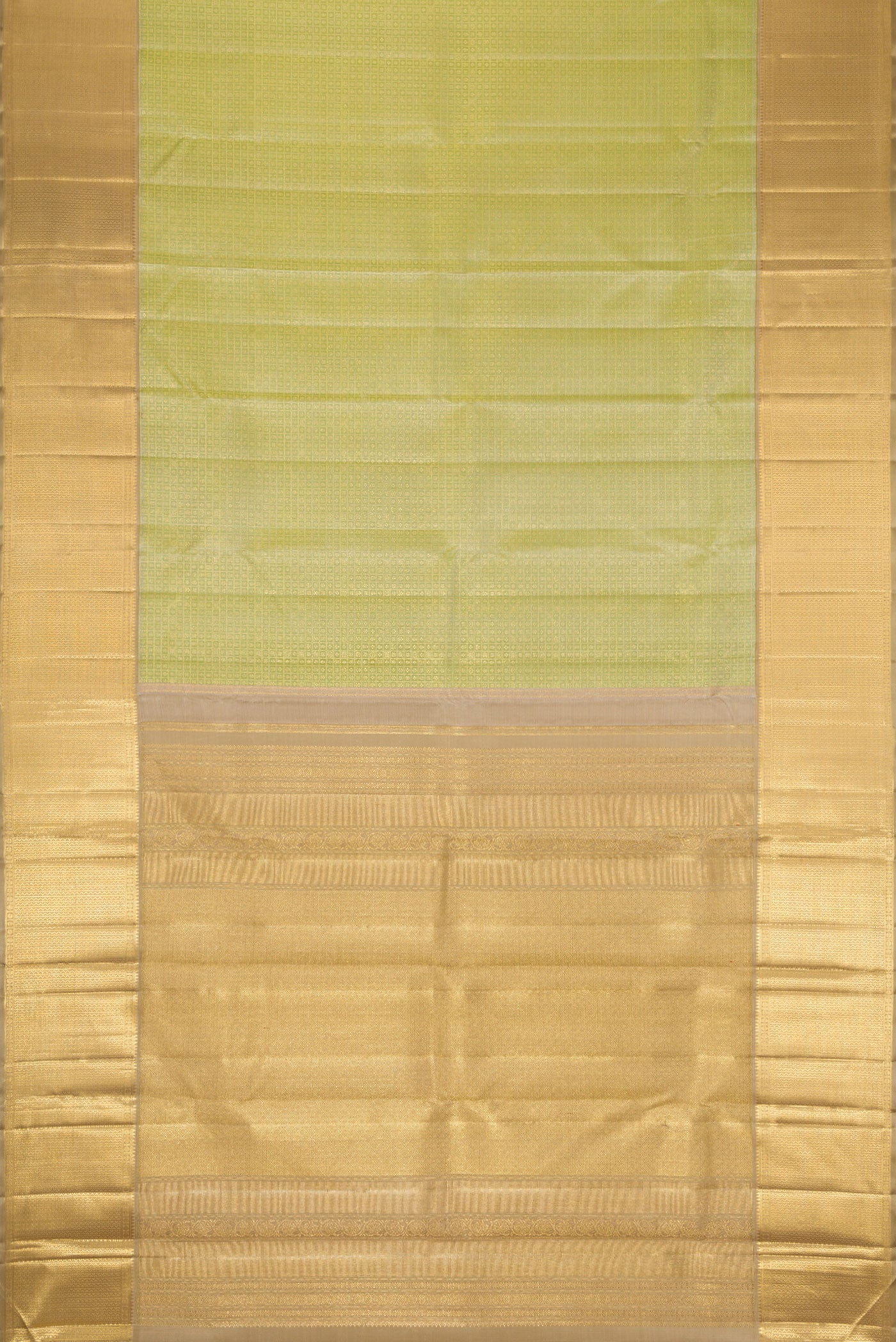 Flat view of Pure Silk Pure Zari Green Dual Tone Kanjivaram Saree with Zari Brocade on the body and Zari Border. 