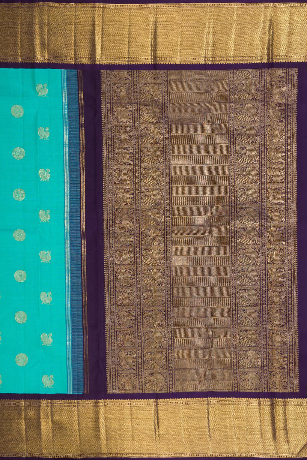 Close up image of the pallu of Pure Silk Pure Zari Sky Blue Dual Tone Kanjivaram Saree with Zari Butta on the body and Zari Border. 